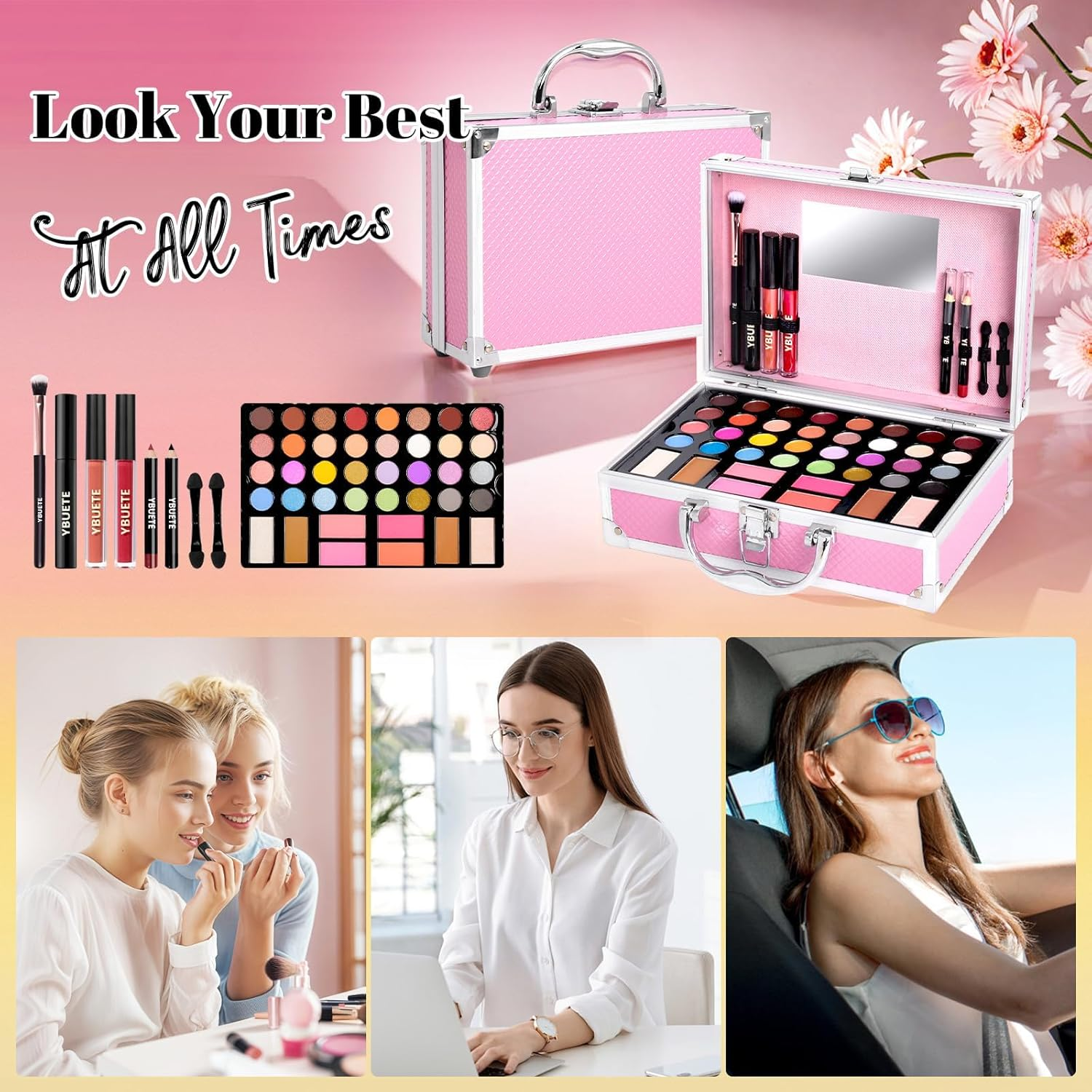 Beginner Makeup Kit for Teen,Makeup Set for Girl Women,Beginner Makeup Kit with Cosmetic Train Case Included 32 Colors Eyeshadow Blush Contour Lip Gloss Lip Liner Mascara Eyeliner Mirror - (Pink) image number 5