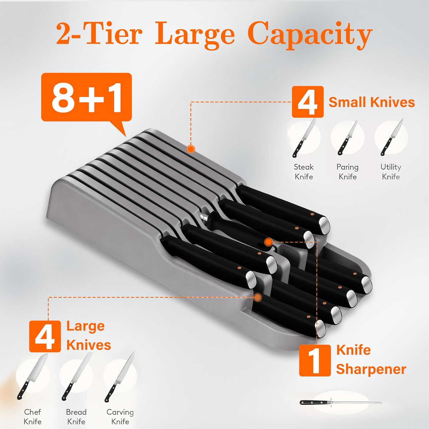 In-Drawer Knife Block, 2 Tier Knife Drawer Organizer for Kitchen, Knife Holder Drawer Insert with 9 Slots, Kitchen Organisation & Drawer Storage for Kitchen Countertops, Drawers image number 4