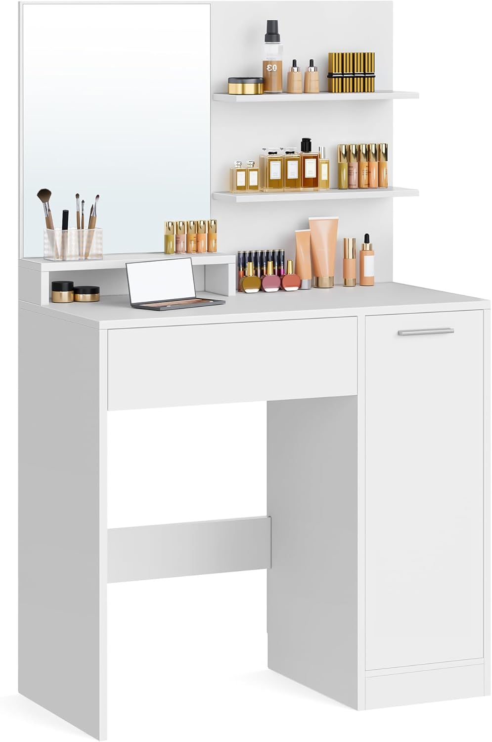 VASAGLE Dressing Table, Makeup Vanity Desk with Mirror, 1 Drawer, 2 Shelves, Storage Cabinet, Makeup Organiser, White Vanities RDT119W01 image number 6