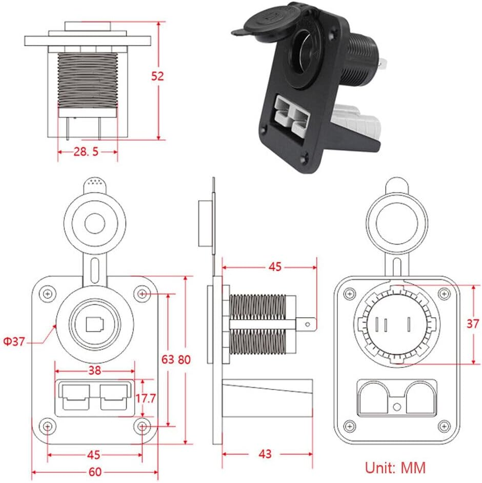 KUGONTC 12V-24V 50Amp Anderson Plug Flush Mount Panel Bracket 12V Cigarette Socket for Caravans image number 1