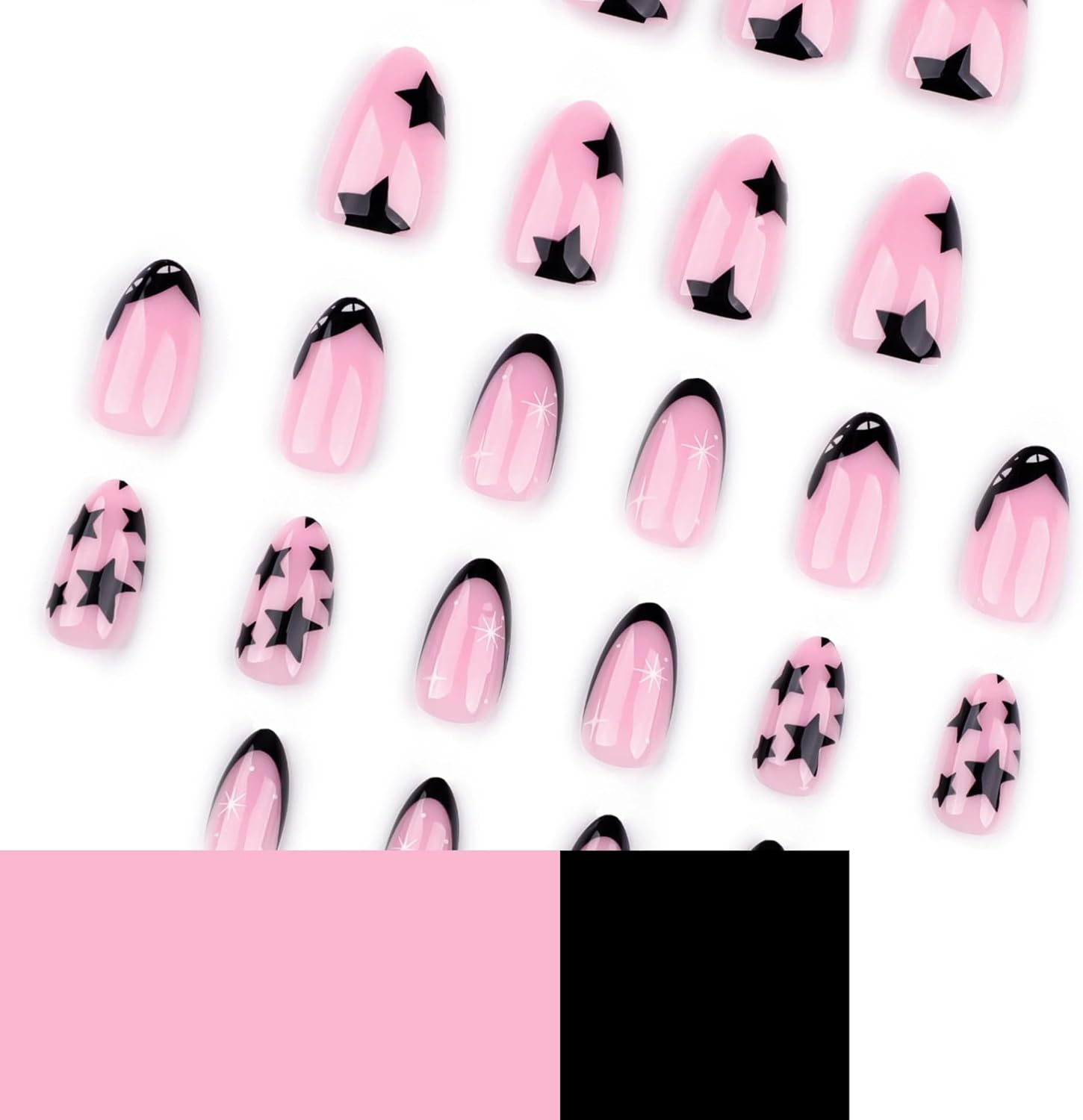 24 Pieces French Press on Nails Short Almond Artificial Nails Black Edge Pink Fingernails for Sticking Black White Star Glue Nails Set Acrylic Nail Tips Women Spring Summer Nail Accessories image number 2