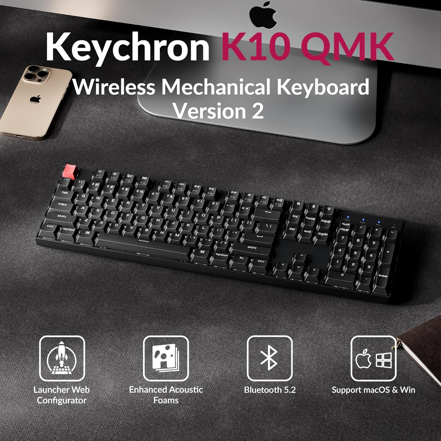Keychron K10 Version 2 QMK Mechanical Keyboard Full Size 104 Keys, Bluetooth 5.2 Wireless/Wired Connection Programmable Keys, White Backlit with Shine-Through Keycaps for Mac Windows Linux - Keychron Super Brown Switch image number 4