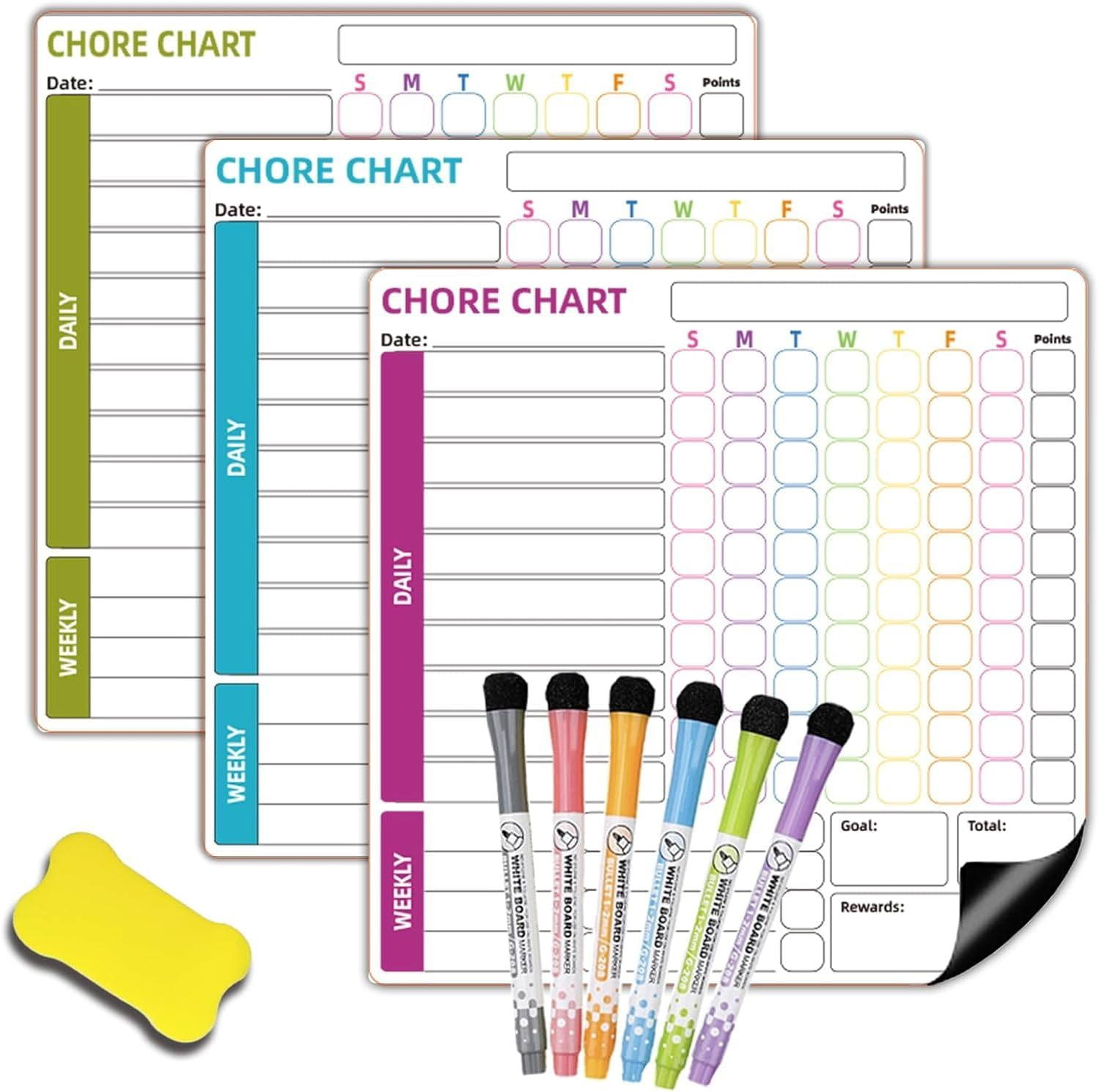Chore Chart, 3 Pack Magnetic Chores Chart for Multiple Kids,Dry Erase Behavior Responsibility Reward Chart Fridge Weekly to Do Memo Checklist with 6 Fine Markers for Teenagers Children Adults image number 3
