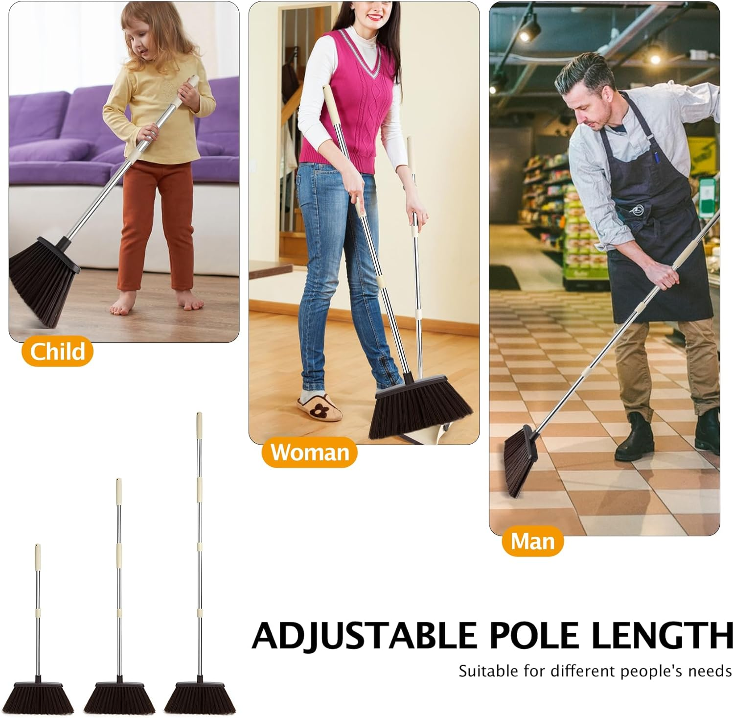 XXFLOWER Long Handle Dustpan and Brush Sets, Broom and Dustpan Set with Comb Teeth, Sweeping Brush Set for Indoor Kitchen Lobby Office Sweeping Pet Dog Hair, Household Cleaning Supplies (Brown Beige) image number 1