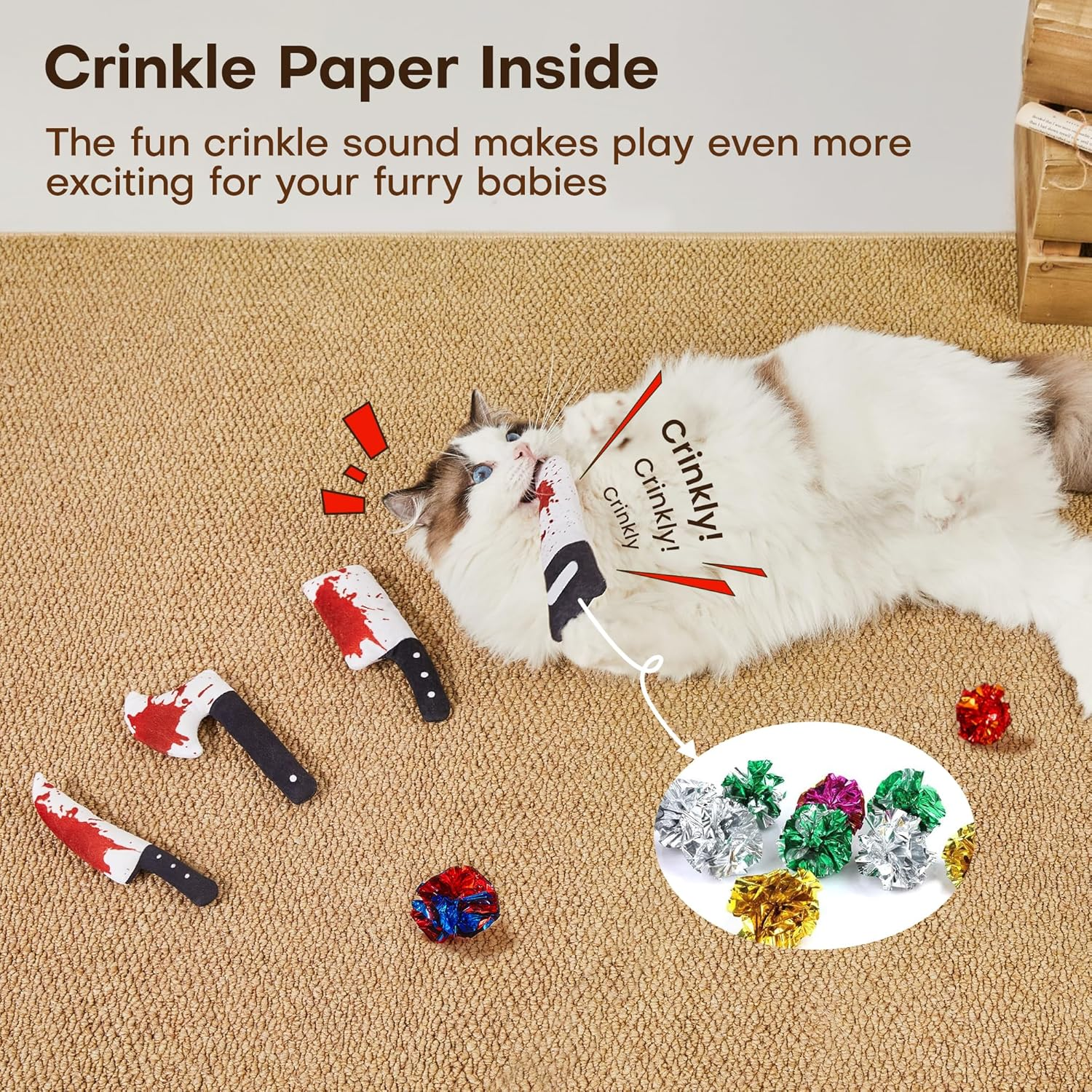 Potaroma 4Pcs Cat Toys, Horror Halloween Knife-Shaped Kitten Catnip Crinkly Sound Toys, Indoor Exercise for All Cat Breeds 6.5 Inches image number 5