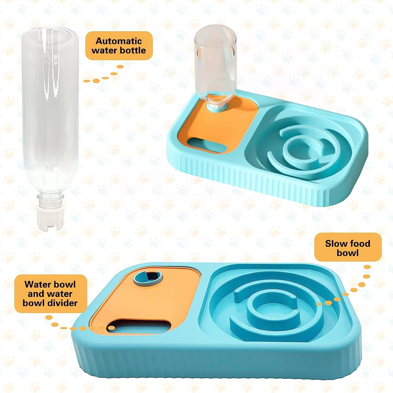 Slow Feeder Dog Bowl, Slow Feeder Dog Cat Bowl with Automatic Gravity Water Bottle Set, for All Size Dogs Cats, Slow Eating, Stop Gulping, Promotes Digestion and Reduces Vomiting. (Gery White)