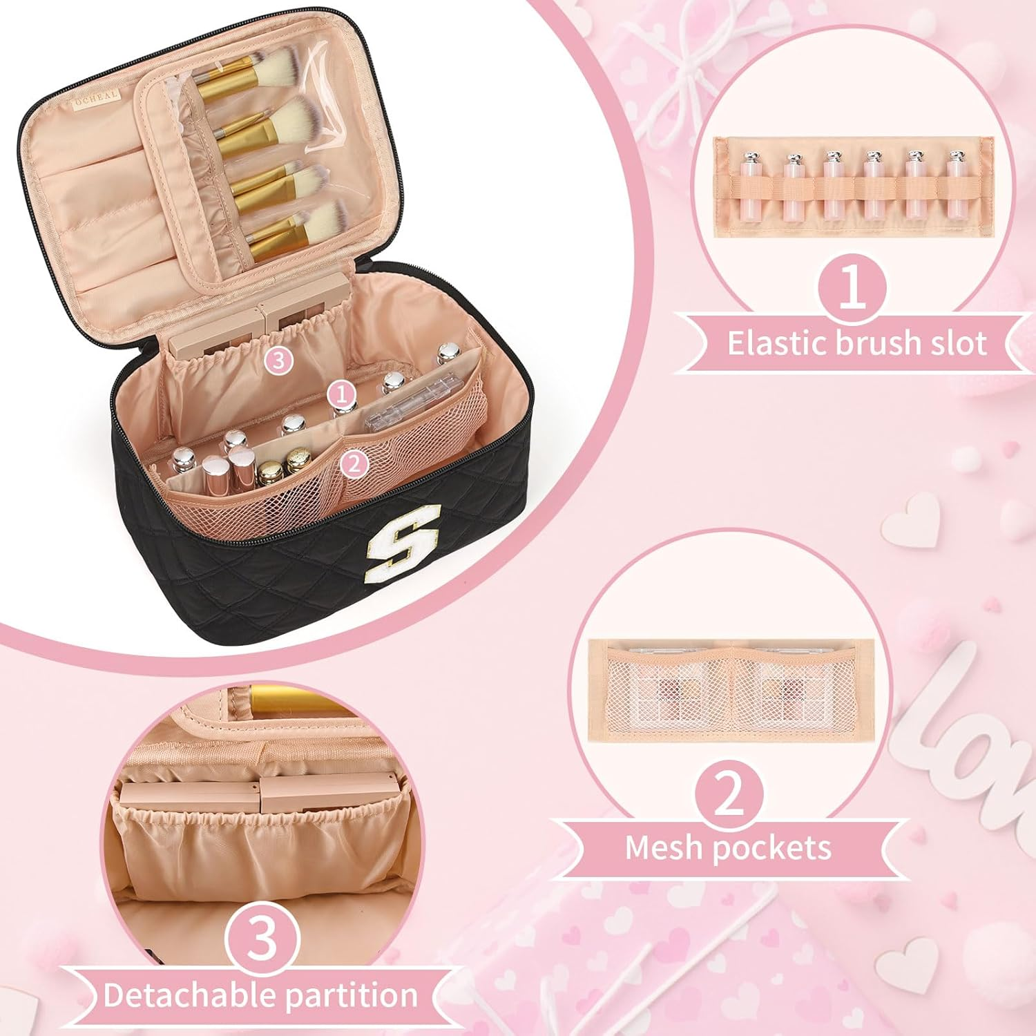 OCHEAL Makeup Bag for Women, Monogram Cosmetic Bag with Brush Holder,Black Travel Makeup Case Beauty Toiletry Bag Organizer Personalized Gifts for Girls Bridesmaid, Sister, Wife, Friends Initial S