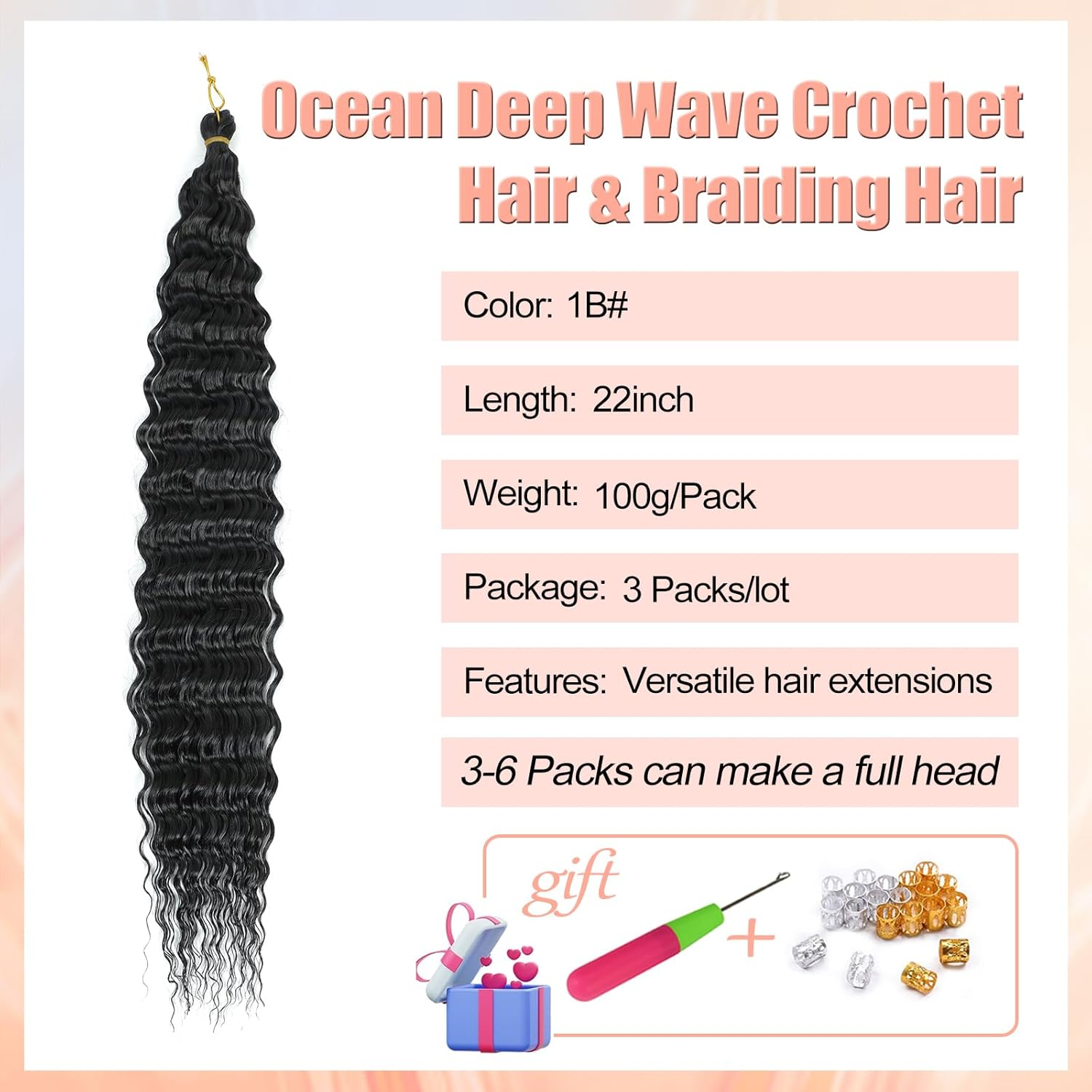 Herkeymidy Ocean Wave Crochet Hair 3 Packs 22 Inch Deep Wave Wavy Braiding Hair Crochet Synthetic Braids Hair Extension for Black Women (1B)