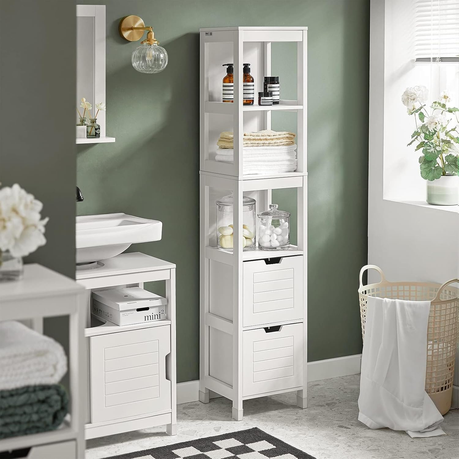 Sobuy Bathroom Storage Cabinet Freestanding Tall Cabinet, Tall Cupboard,Toilet Storage Standing Shelves with Drawers, FRG126-W image number 2