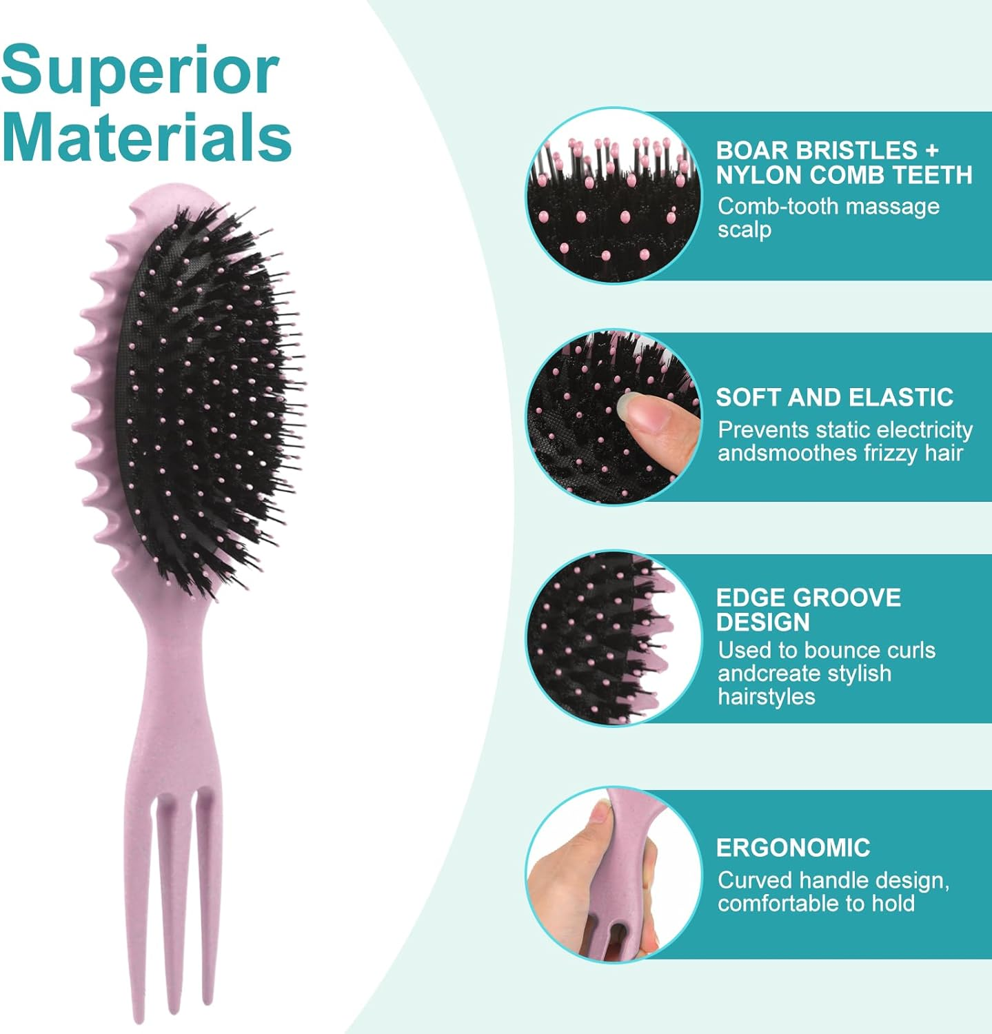 Boperzi Curly Hair Brush, Curl Brush, Boar Bristle Hair Brush Styling Brush, 2024 New Curly Hair Brush for Detangling for Combing Men and Women (Pink)