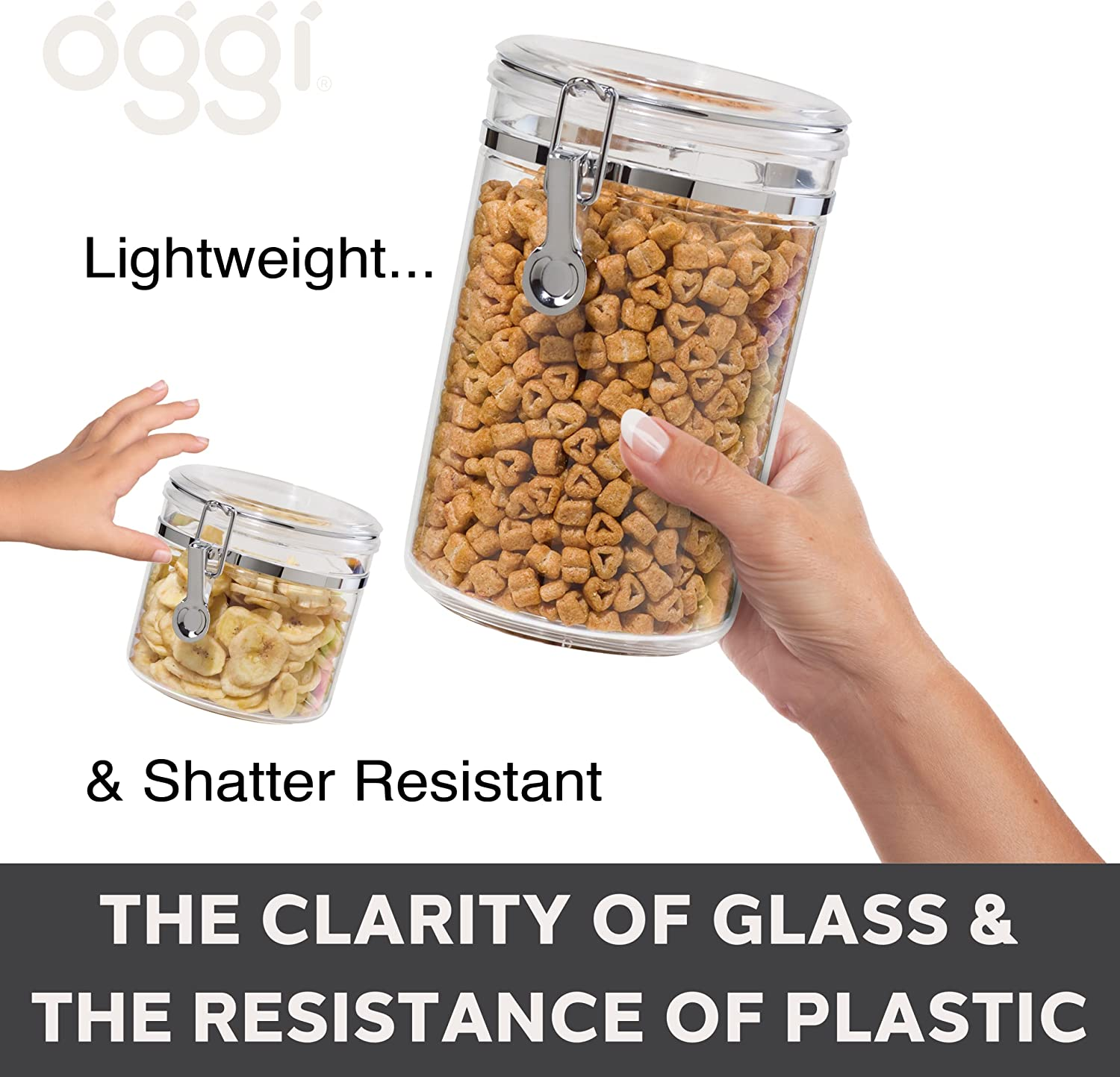 Oggi Medium-Sized Clear Canister with Clamp Lid, 59 Oz - Large Airtight Food Storage Container, for Kitchen & Pantry Storage of Bulk, Dry Foods, Pasta, Flour, Sugar, Coffee, Rice, Tea, Spices & Herbs image number 2