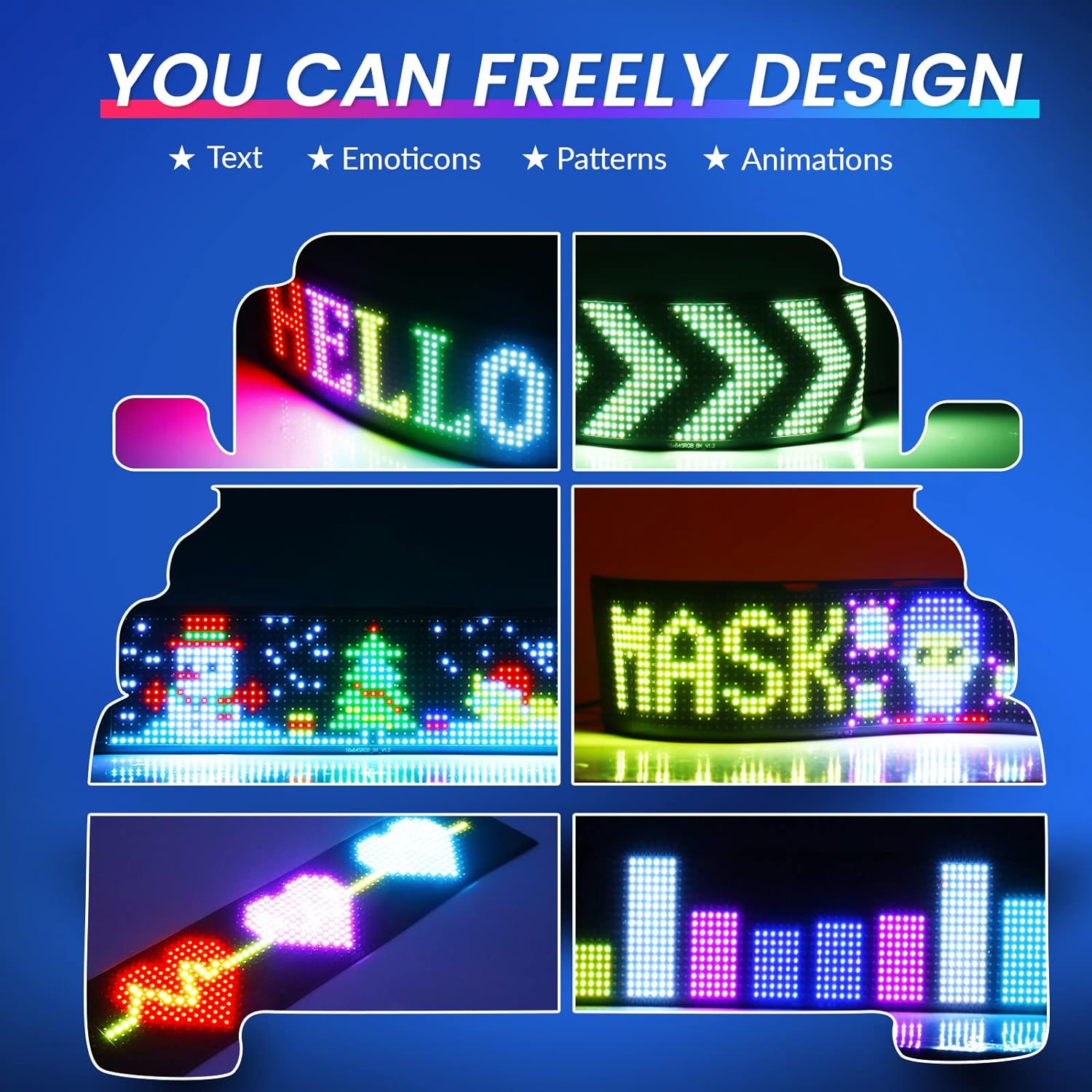 KJOY Bluetooth App Control LED Sign, 14.6''X3.6'' Flexible USB 5V LED Car Signs Programmable LED Sign Custom Text Pattern Animation Scrolling LED Display for Car Store Party Bar Hotel Concert