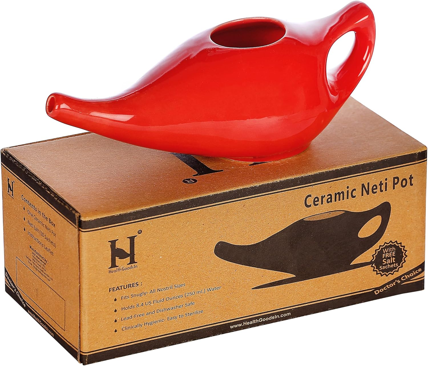 Healthgoodsin - Porcelain Ceramic Neti Pot for Nasal Cleansing Orange | Natural Treatment for Sinus, Infection and Congestion | Neti Pot with 10 Sachets of Neti Salt + Instructions Leaflet image number 2