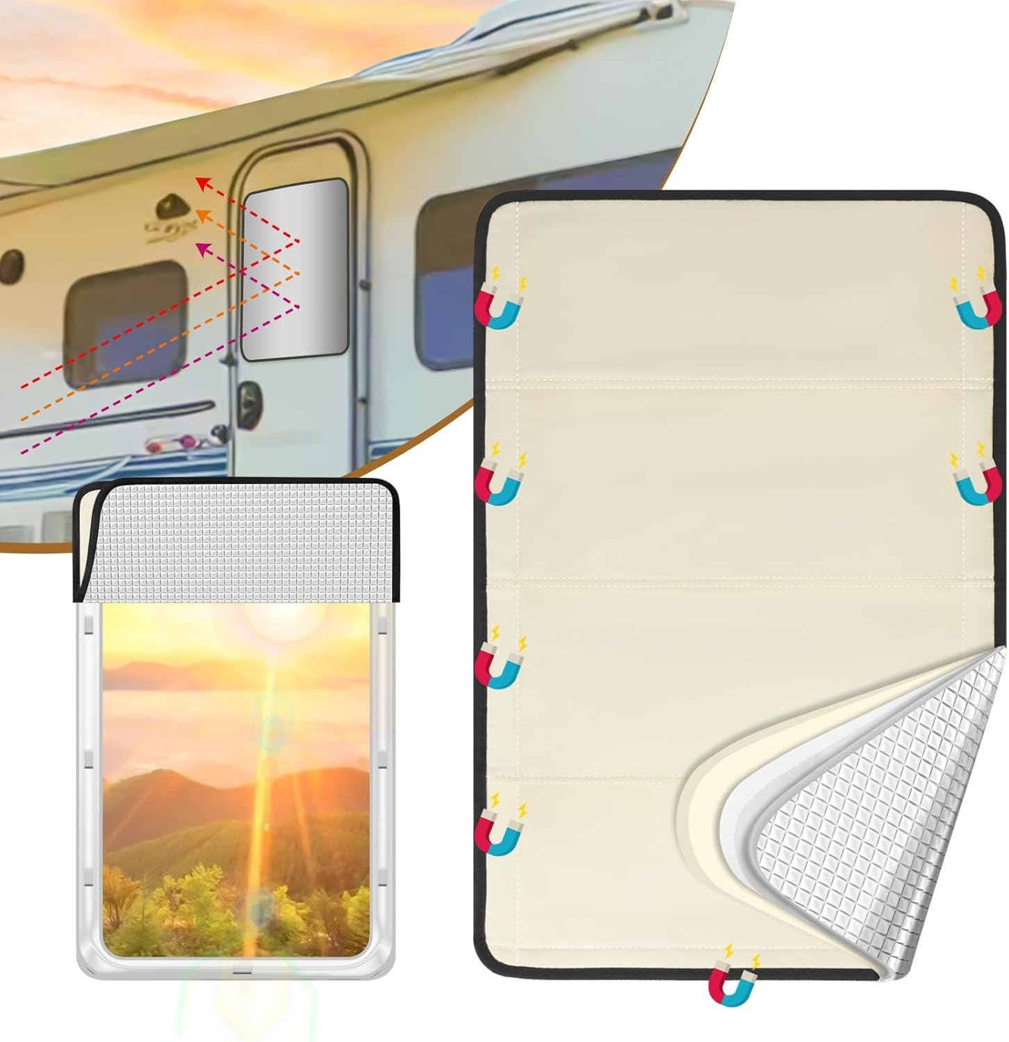 SUNICO 25" X 16" RV Door Window Shade Cover, Magnetic 100% Blackout Foldable RV Window Shades for Campers with Anti-Uv Aluminum Foil Reflective & Cotton Insulation & Thicked Waterproof Fabric