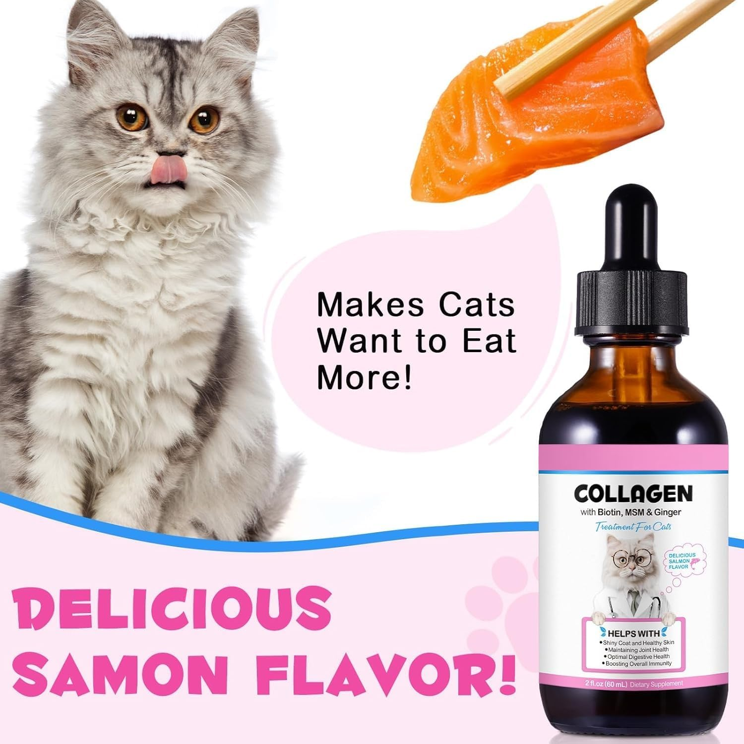 Liquid Collagen & Biotin for Cats - Multivitamin Drops with MSM & Ginger - Supports Skin & Coat Health, Joint Care, Digestion & Immunity - Itch Relief + Hairball Control - 60Ml - Vet-Recommended image number 6