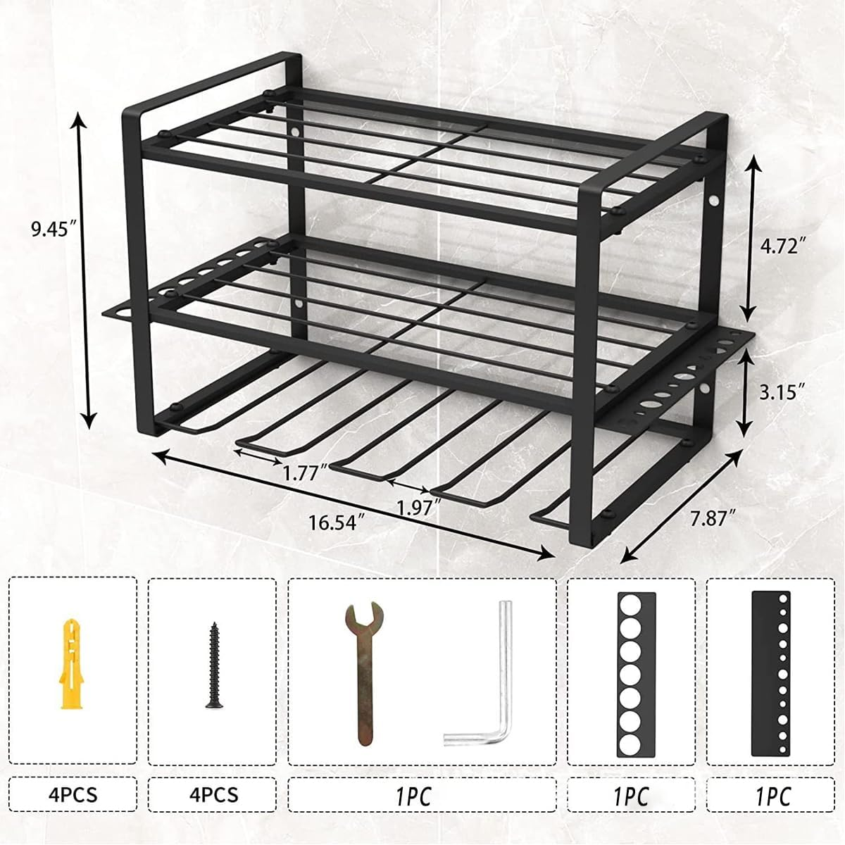 AIMALL Heavy Duty Power Tool Rack Organizer &ndash; Wall Mount Drill Holder with 3 Layer Storage, Durable Iron Construction, Black, 16.54 X 7.87 X 9.45 Inches image number 3