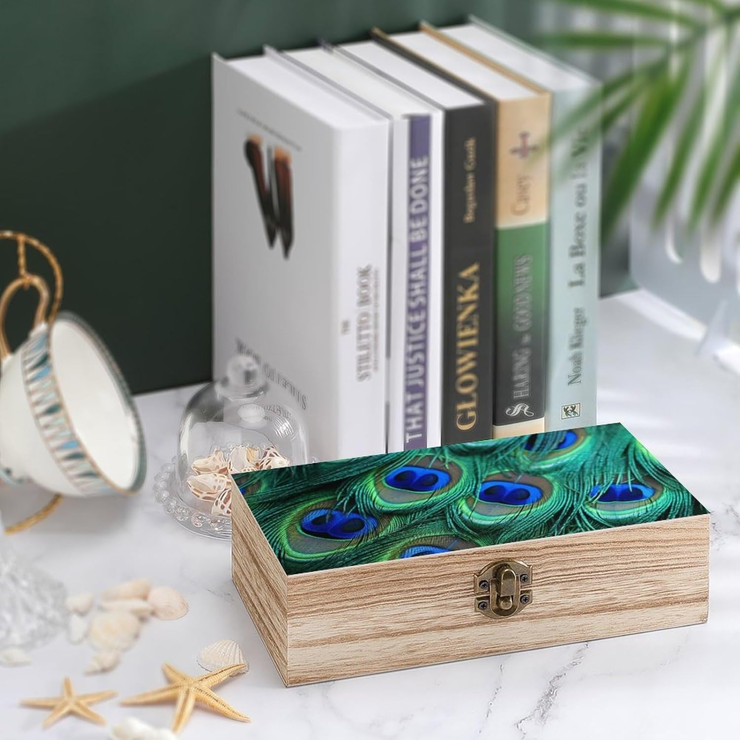 Peacock Feather Wooden Box Wood Wedding Keepsake Boxes with Lids Small Decorative Boxes Lightweight Wooden Memory Storage Box for Crafts Keepsakes Jewelry Photo Letter Storage image number 1