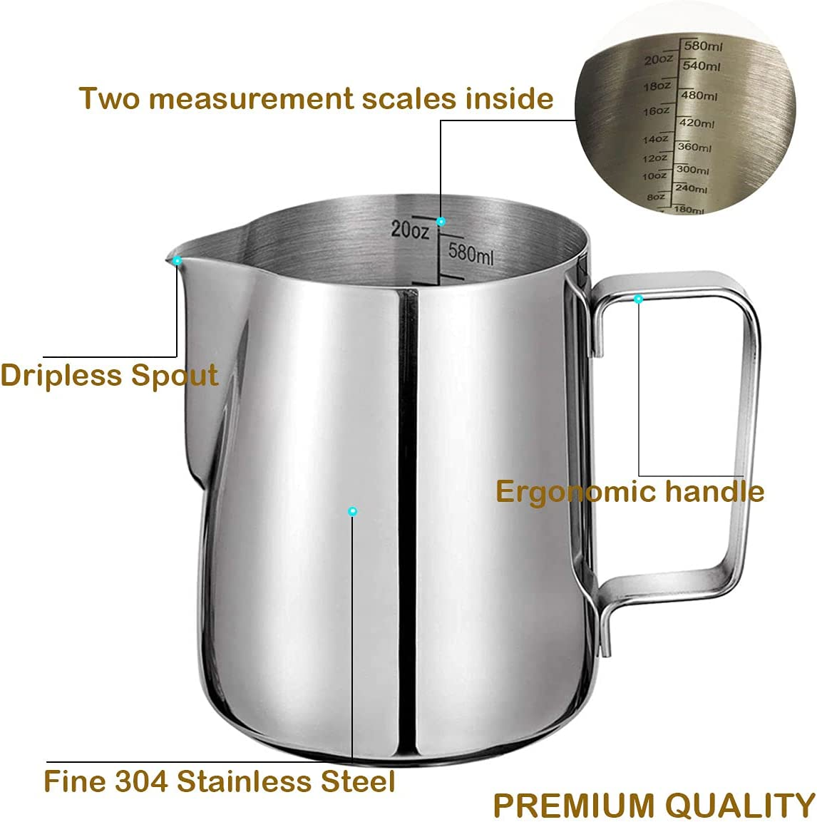 Milk Frothing Pitcher with Decorating Art Pen SUS304, Stainless Steel Milk Frother Cup Steaming Measurements inside for Espresso Machine Coffee Foam Making Cappuccino Latte Art (20 Oz/600 Ml) image number 5