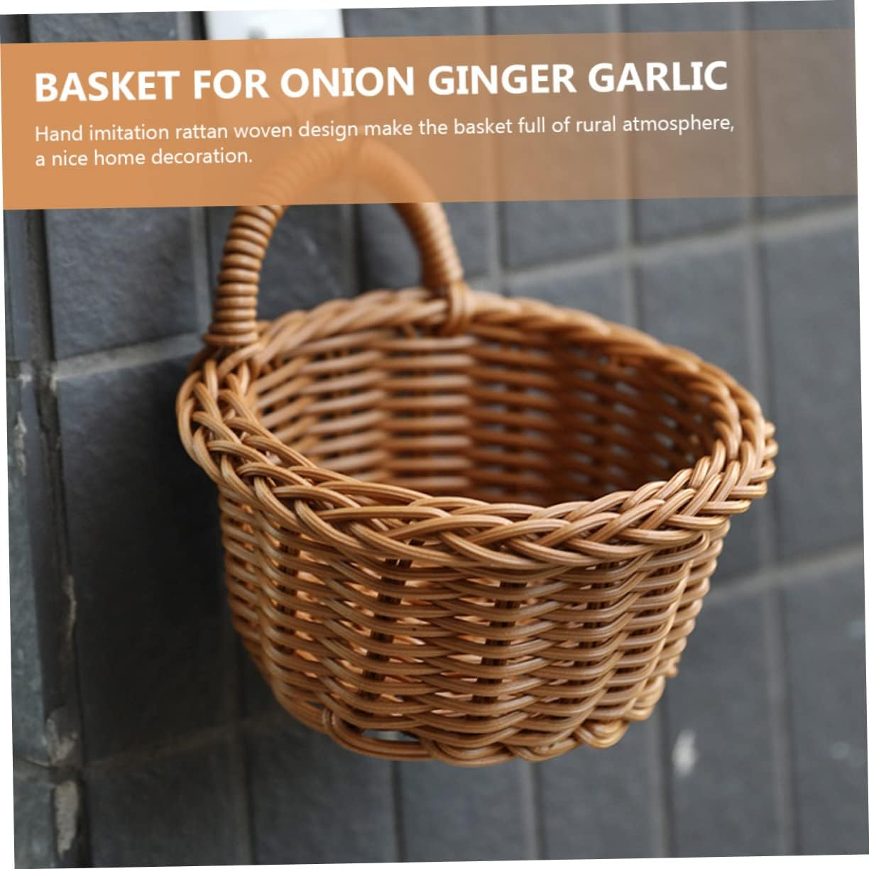 Anneome 2Pcs Decorative Imitation Rattan Wall Hanging Basket Multi-Function Woven Storage Baskets for Kitchen Organizers Sundries Creative Wall Decor Baskets for Onion Ginger Garlic image number 1