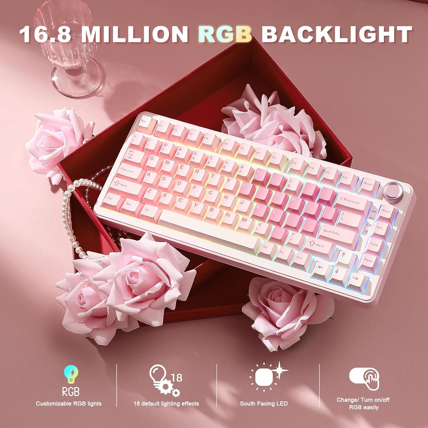 YUNZII B75 PRO Wireless Mechanical Keyboard,75% Gaming Keyboard Gasket Hot Swap Custom Keyboard with Knob,Pre-Lubed Switches Rgb,Bt/Type-C/2.4G Creamy Keyboard (Pink, Milk V2 Switch) image number 7