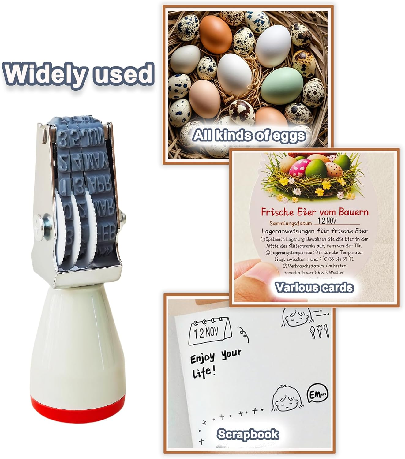 Egg Dating Stamp Kit with 4Mm Rubber Stamper, Black and Red Ink Pads, for Farm Fresh Eggs, Chicken Duck Turkey Eggs (White) image number 3