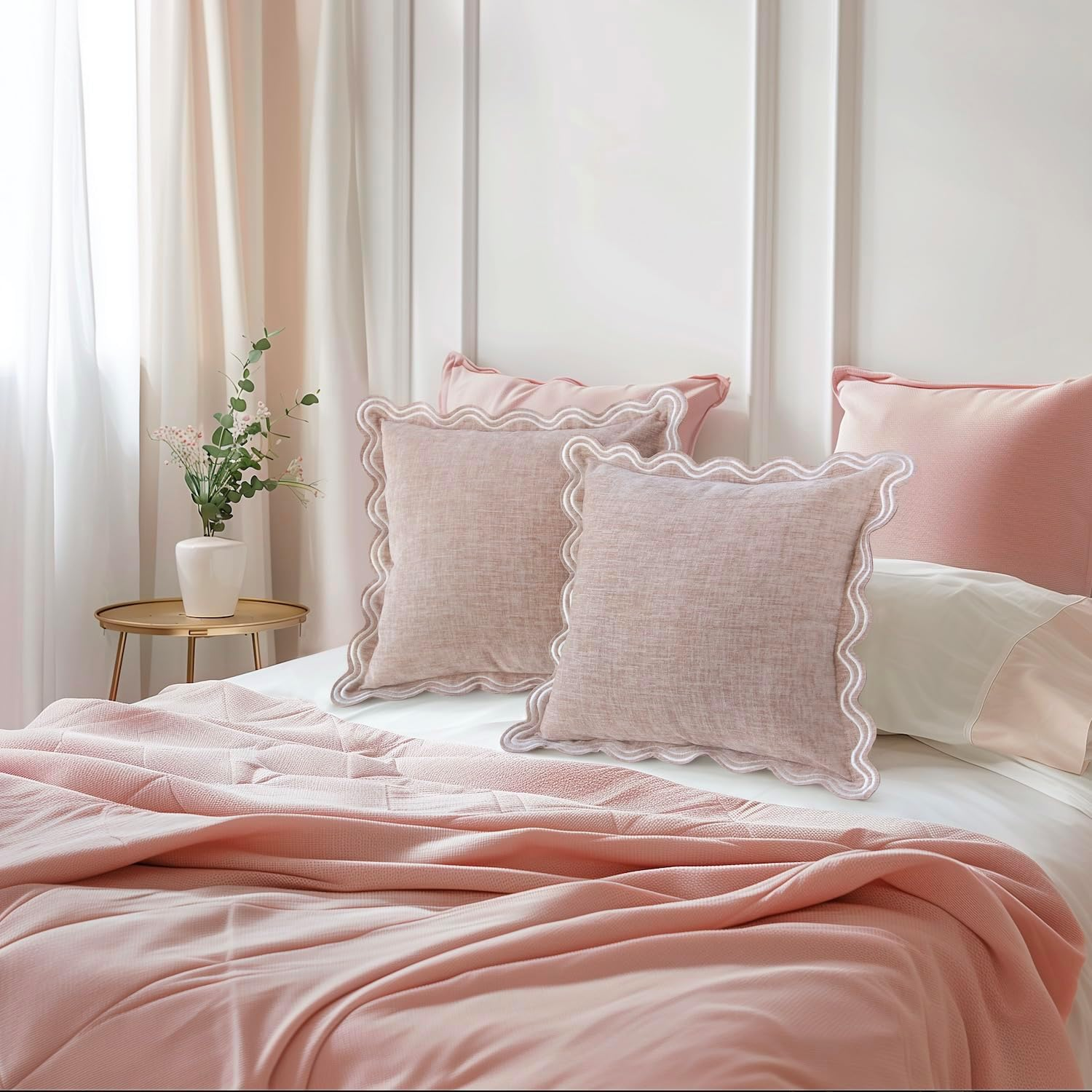 TINYSUN Scalloped Decorative Pillow Covers - Set of 2, Double-Sided Embroidered Scallop Design, Premium Chenille Cushion Covers for Living Room Sofa Couch Bed(Dusty Pink,18X18 Inch) image number 6