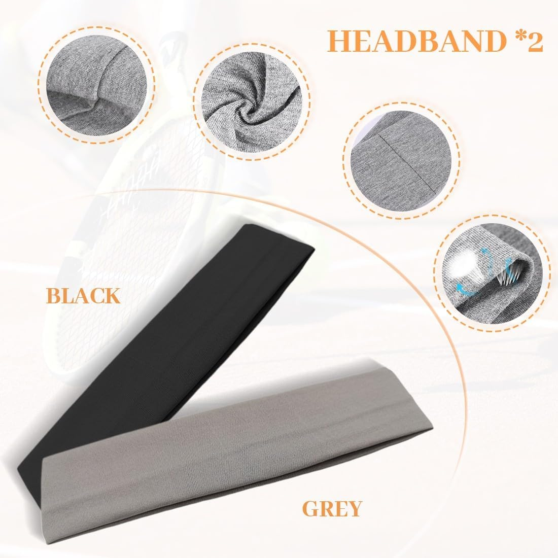 Pack of 2 Women'S Hair Bands, Elastic Hair Bands, Yoga Headbands, Sports Headbands, Non-Slip Headbands (Black and Grey) image number 5