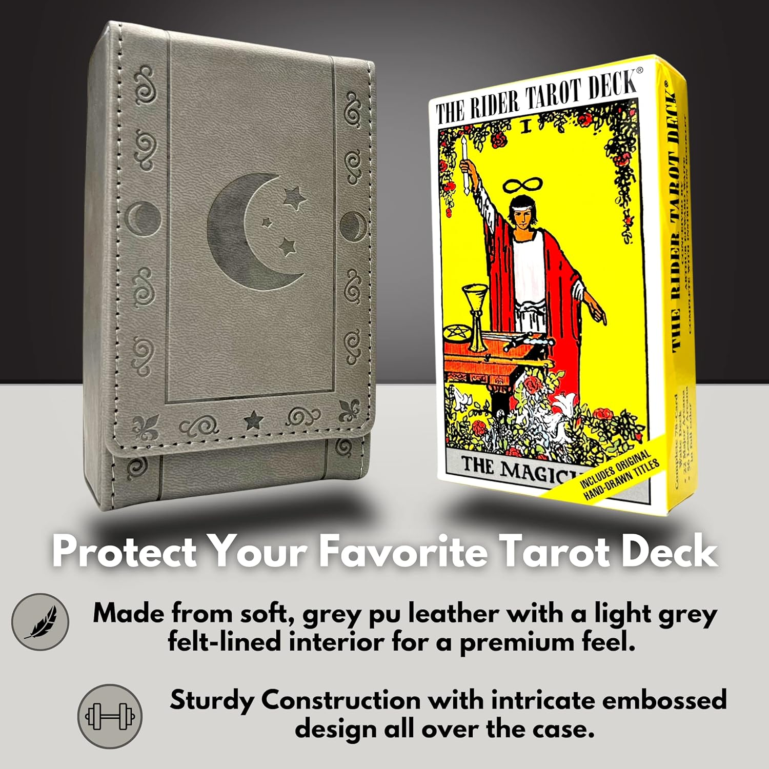 Luck Lab Leather Tarot Card Case/Holder - Grey - for Most Standard Size Tarot Cards (Fits Deck Size with Box Measuring 4.875 X 2.875 X 1.25)- Moon Design image number 3
