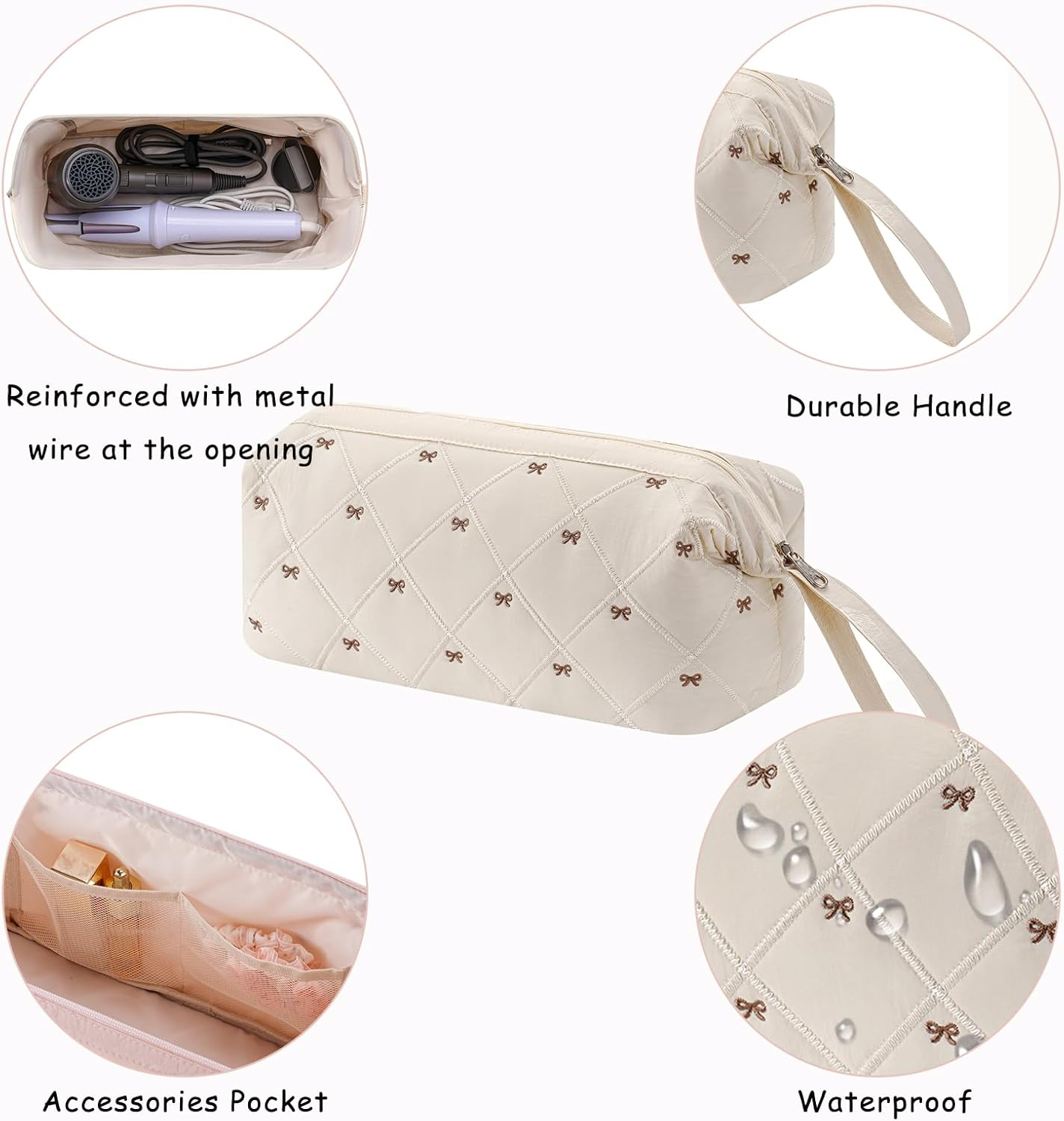 RSRSLEII Large Quilted Hair Tools Travel Bag with Bow Pattern,Waterproof Hair Styling Accessories Storage Case for Shark Flexstyle, Dyson Airwrap Hair Dryer, Curling Iron, Revlon Hair Tools, 03Beige image number 5