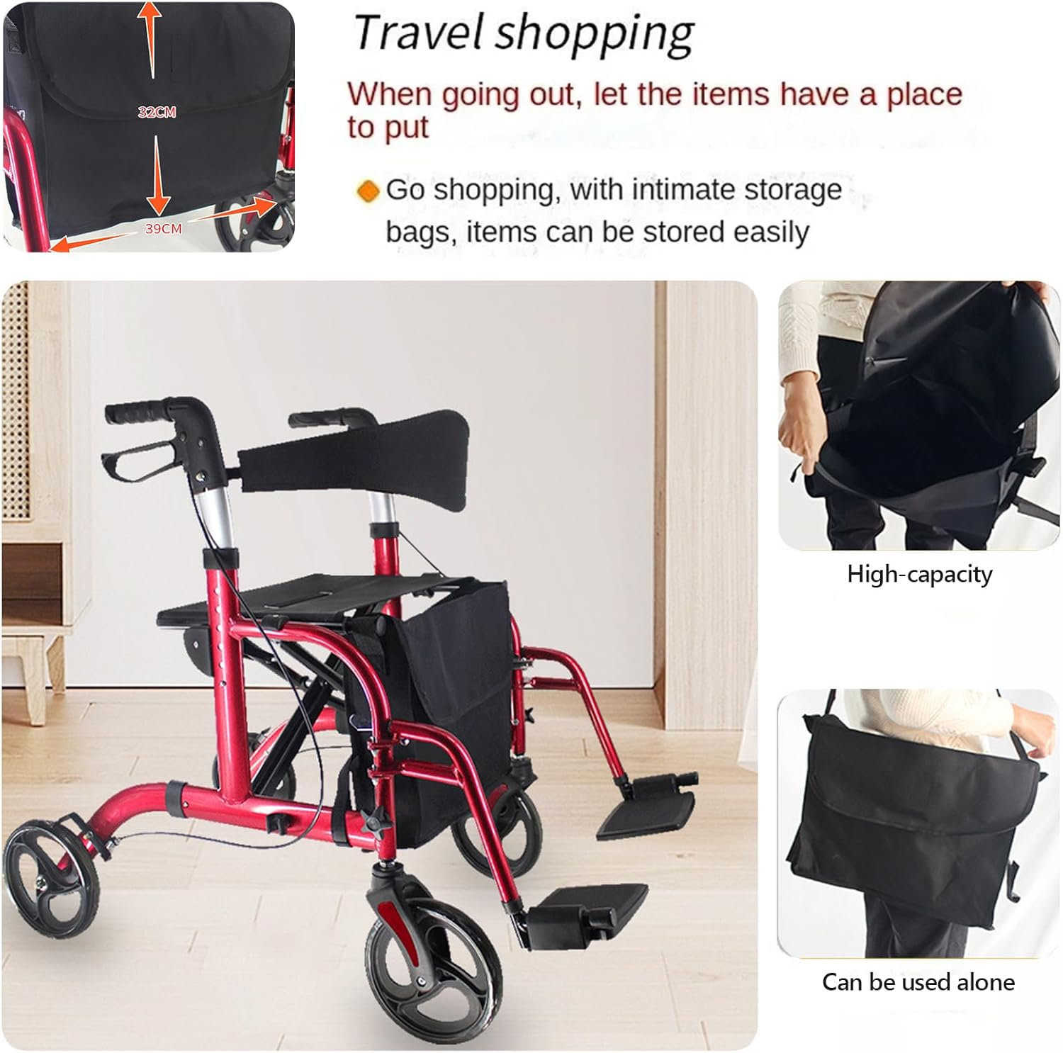 Lightweight Wheelchair & Mobility Walker &ndash; 2-In-1 Foldable Rollator with Seat, Brakes, 8" Wheels & Detachable Bag (Red) image number 6