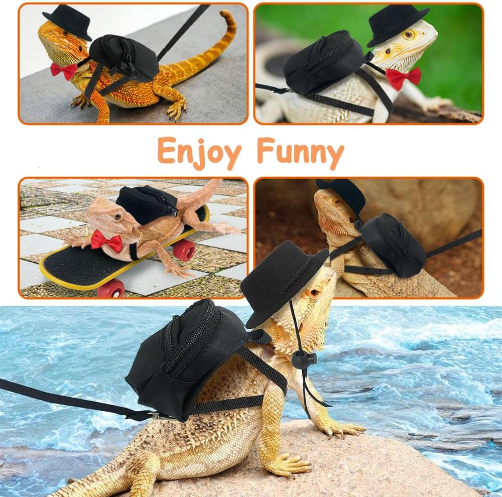 5 Pack Bearded Dragon Harness Set,With Adjustable Backpack Hat Bow Tie & Mini Skateboard Toy,Reptile Adventure Kit for Outdoor Adventures Lizard Reptile Care image number 1