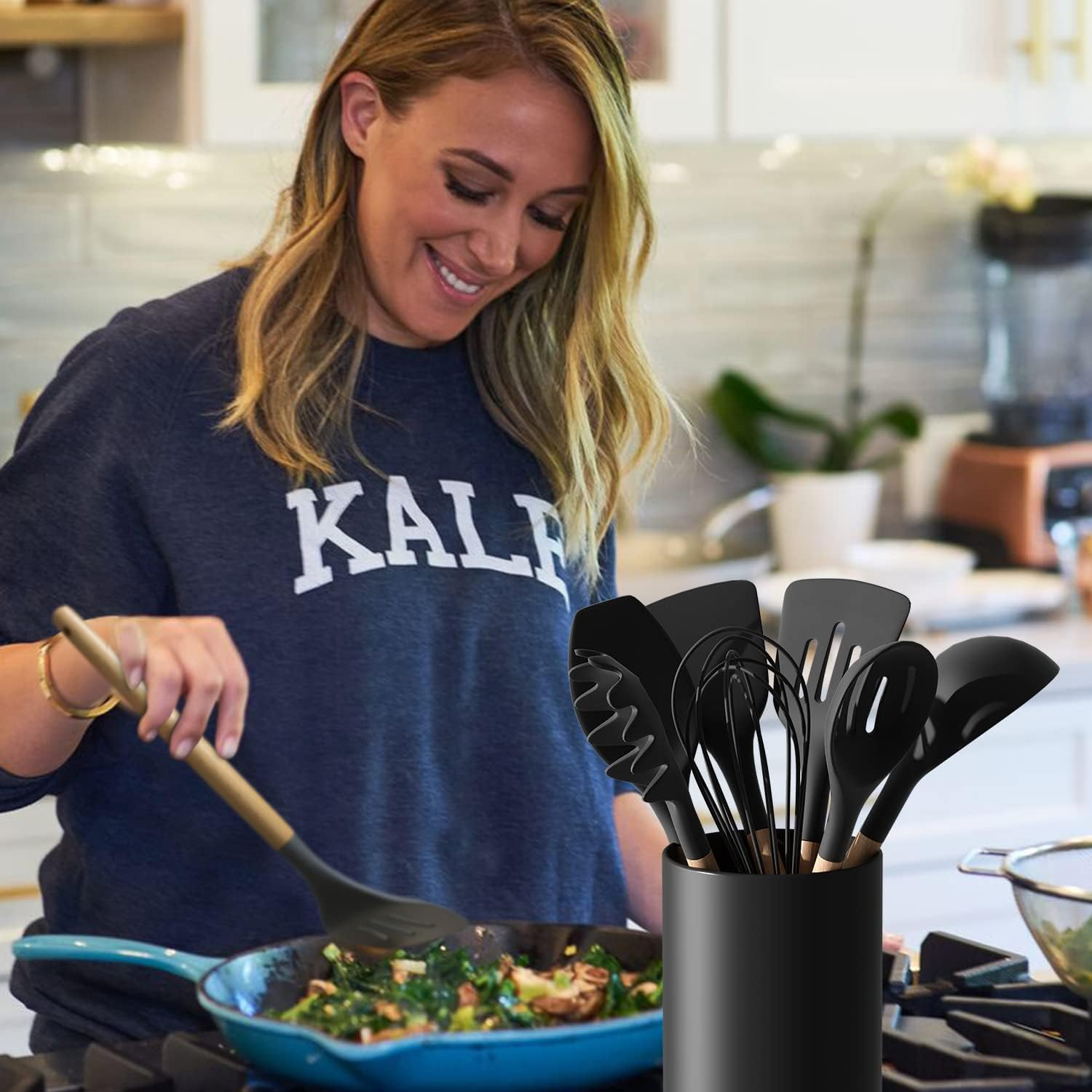 LATCHHOOK Black Kitchen Utensil Holder for Countertop, Matte Ceramic Cooking Utensils Holder for Kitchen Counter Easy to Clean, High 7&rdquo; Modern Spatula Holder Crock for Kitchen 7&times;5.5 Inch, UT-01 image number 4