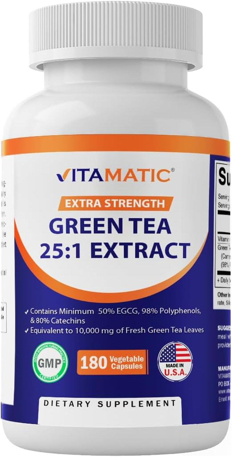 Vitamatic Green Tea Extract with Vitamin C, 25X Concentrate, 98% Polyphenols, 80% Catechins, 50% EGCG, 180 Vegetable Capsules image number 4