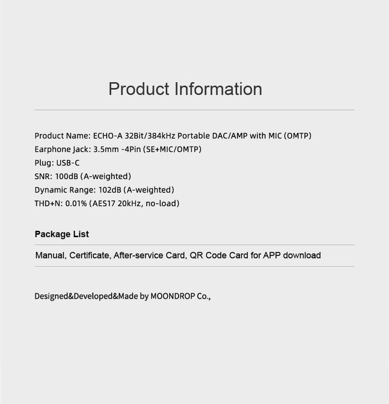 Moondrop Echo-A 32Bit/384Khz Portable USB Type-C to Headphone DAC/AMP with 3.5Mm Audio Jack Adapter image number 6