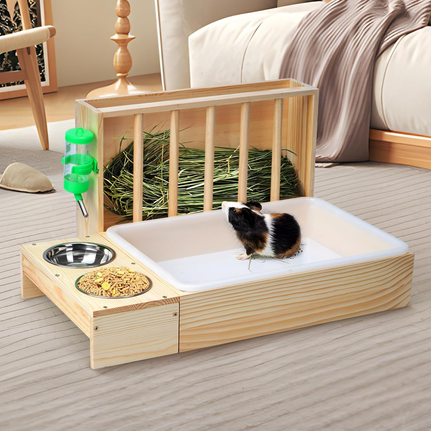 Hay Feeder with Litter Box and Bowls, Wooden Guinea Pig Holder Toilet for Bunny, Chinchillas, Hamster, Small Pet Rack Manger, Wood Colour image number 4