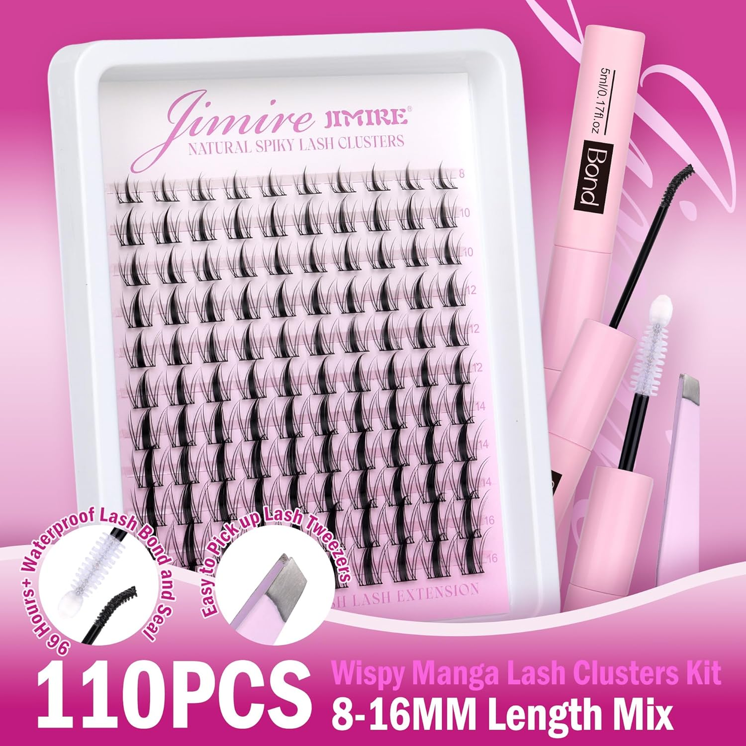 JIMIRE Lash Clusters Kit Manga Cluster Lashes Natural Look Wispy DIY Lash Extension Kit with Lash Bond and Seal Waterproof 110Pcs 8-16MM Wispy D Curl Individual Lashes Wet-Look Eyelash Extension image number 5