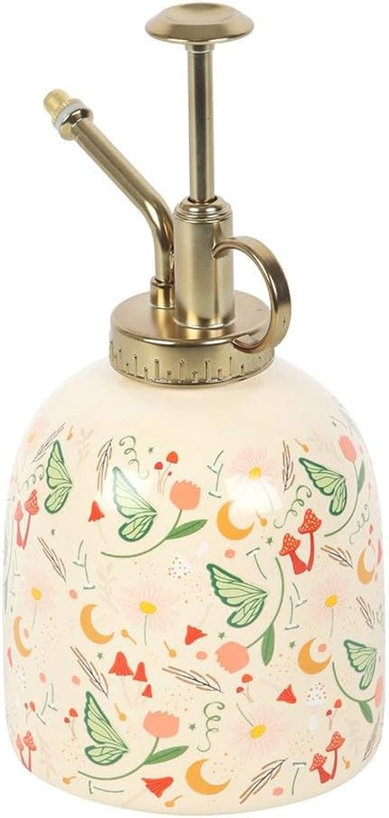 Fairy Folklore Decorative Plant Mister, Ceramic Bottle with Gold Metallic Sprayer, Floral Moon Print Design, Indoor Plant Care