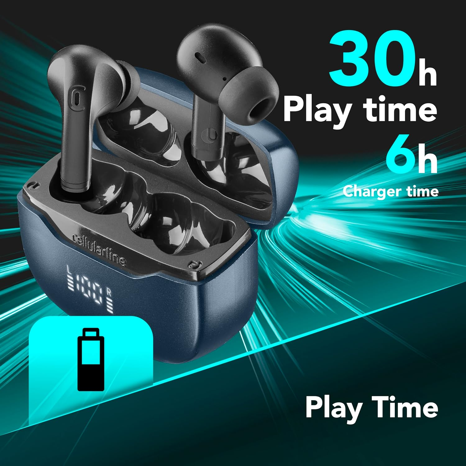 Cellularline Key PRO In-Ear Headphones with ENC, 4 Microphones, LED Display, Multipoint Technology, 30 Hours Playtime, Auto Pairing and Touch Control, Black image number 3