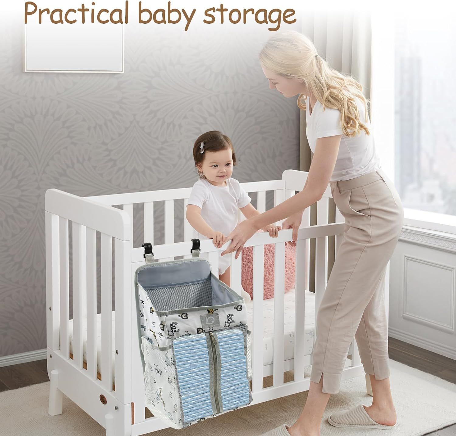 Baby Crib Hanging Caddy Organizer, Multi Pocket Baby Diaper Hanging Bag, Nappy Stack Organizer, Machine Washable for Wipes Nursery (White Animal) - White Animal image number 4