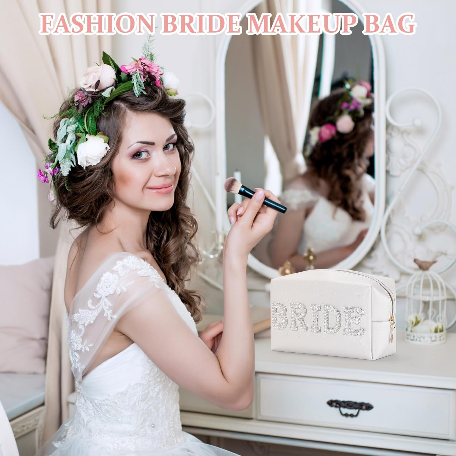 Etercycle Bride Letter Makeup Bag, Bride to Be Gifts Bling Pearl Rhinestone Patch Cosmetic Bag, Waterproof PU Travel Toiletry Bag for Bachelorette Party Wedding Bridal, Silver image number 7