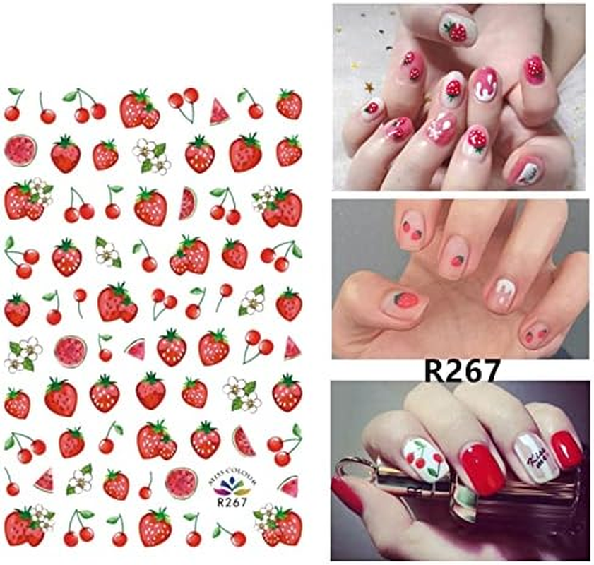 10 Sheets Strawberry Nail Art Stickers Decals Self-Adhesive Cute Fruits Strawberry Watermelon Avocado Cherry Nail Decoration Accessories for Little Girls Kids image number 2