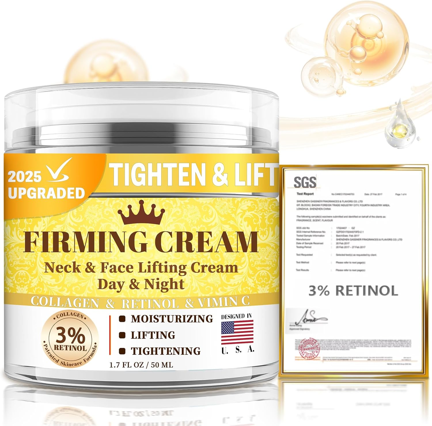 1% Retinol Cream Face Moisturizer, anti Aging Neck Firming Cream with Collagen, Day & Night Face Lotion with Hyaluronic Acid, Lifting & Tightening Cream for Women & Men, 1.7 FL OZ image number 5