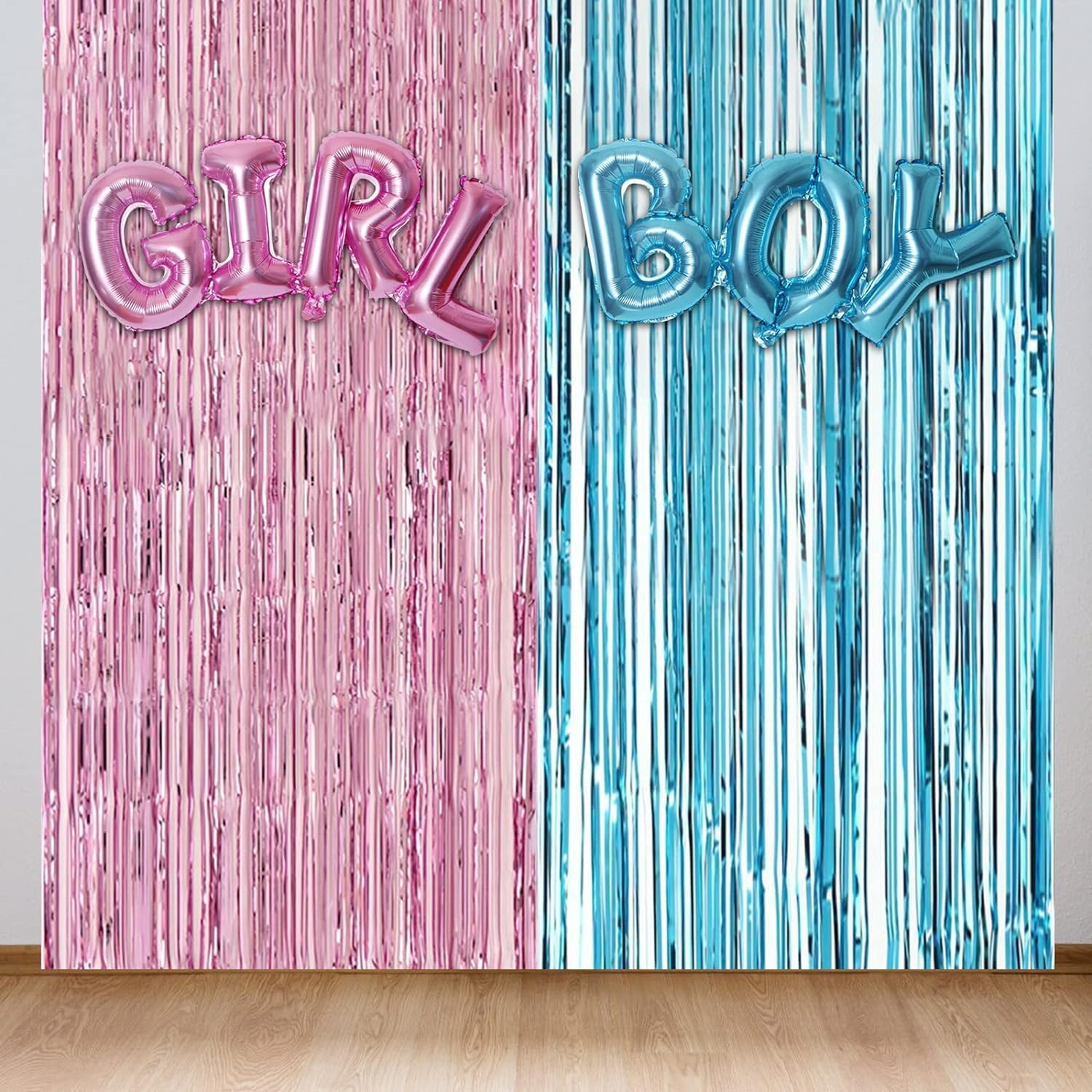 Gender Reveal Party Decor, Boy or Girl Foil Balloons, Boy or Girl Gender Reveal Balloons Garland with Pink and Blue Metallic Foil Fringe Streamer Curtains(With Adhesive Tape) image number 1