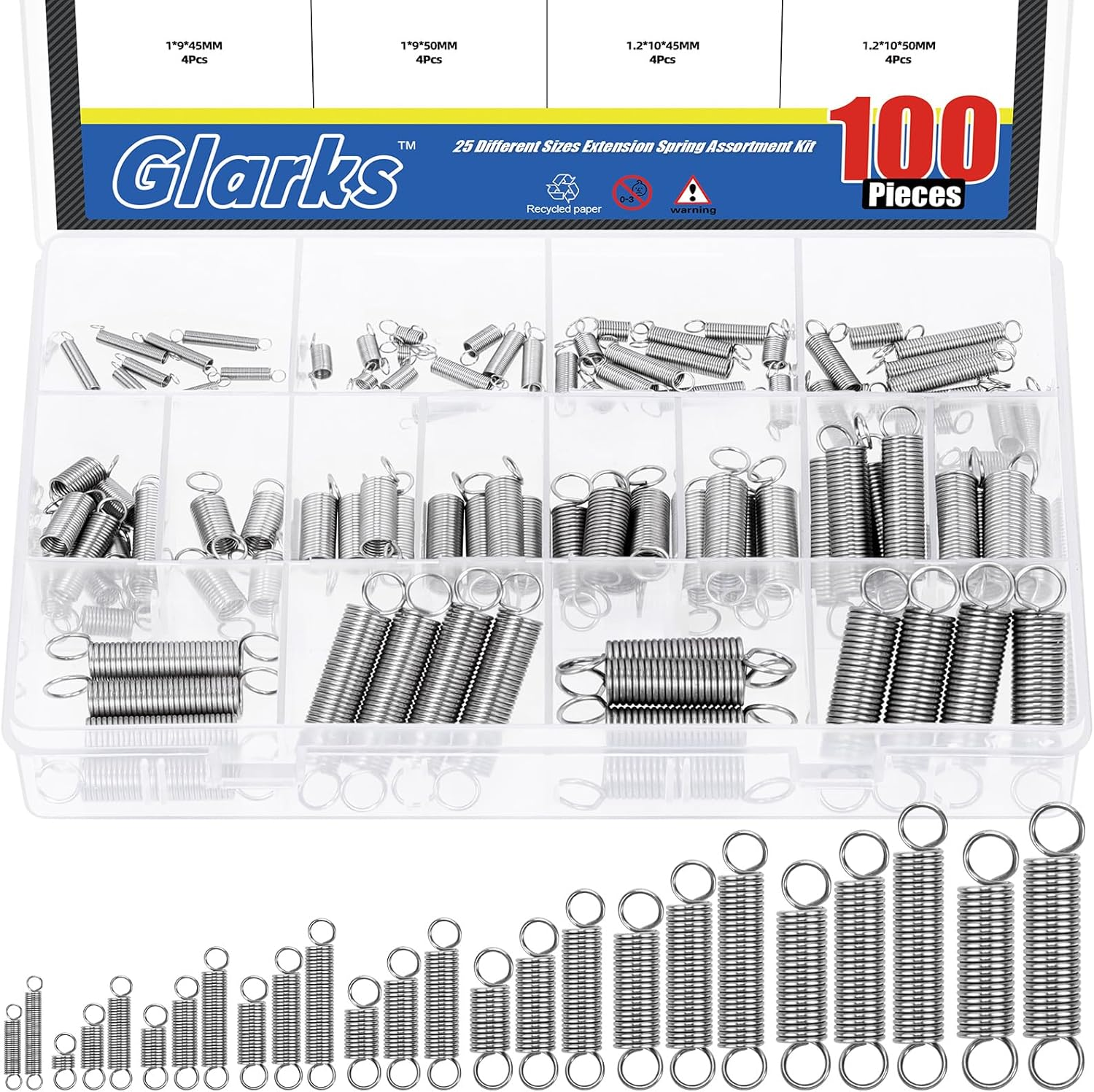 Glarks 100Pcs Stainless Steel Extension Springs with Double Hook Sets 25 Sizes Small Spring Tension Spring Wire Assortment for Machinery Construction Industrial image number 3