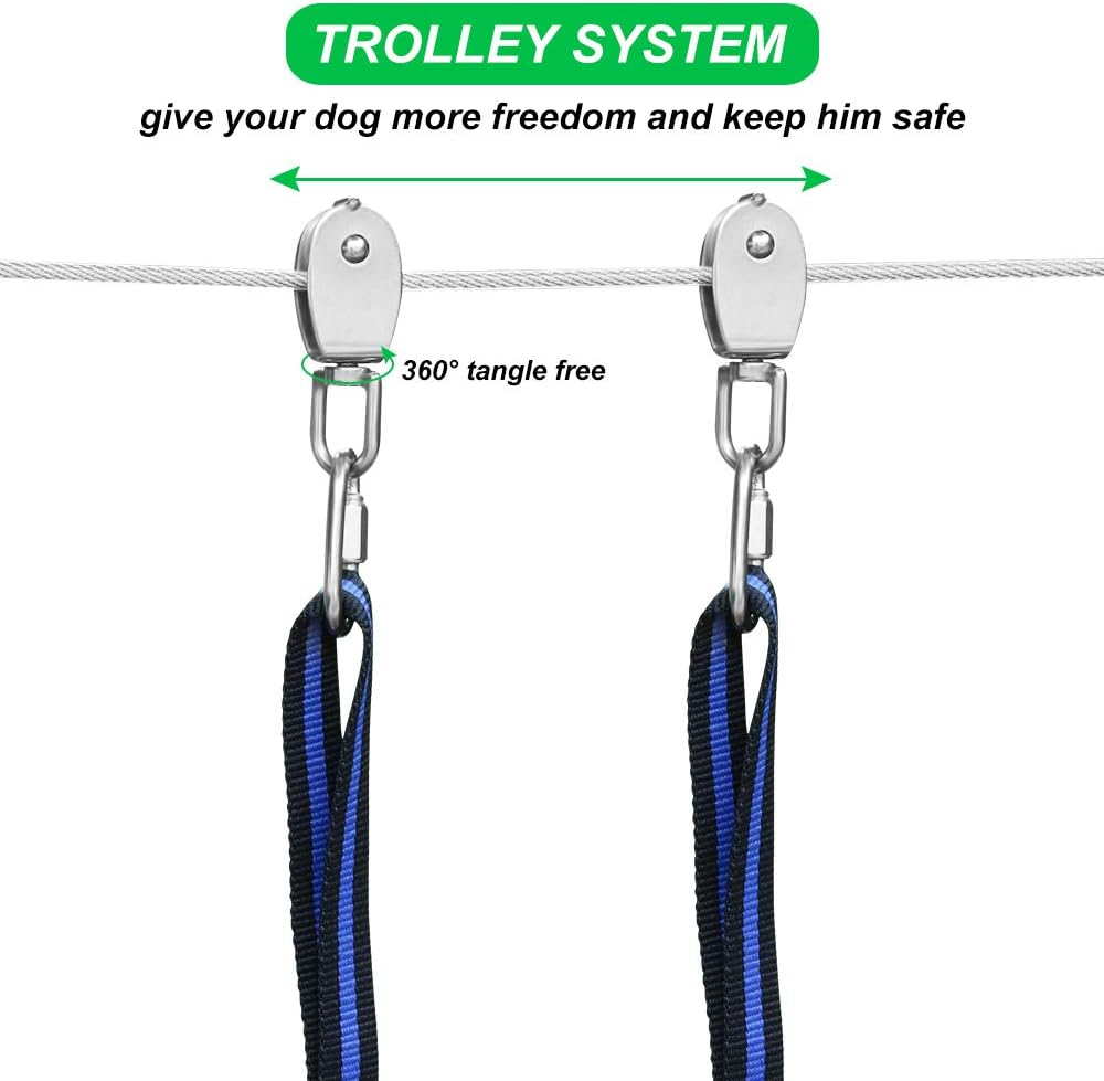 Xiaz Dog Tie Out Cable, 100Ft Dog Trolley Runner Cable for Dogs up to 250Lbs, Dog Lead for Yard, Camping, Outdoor, with 8 Ft Nylon Bungee Runner, Cable Sling to Protect Trees image number 4