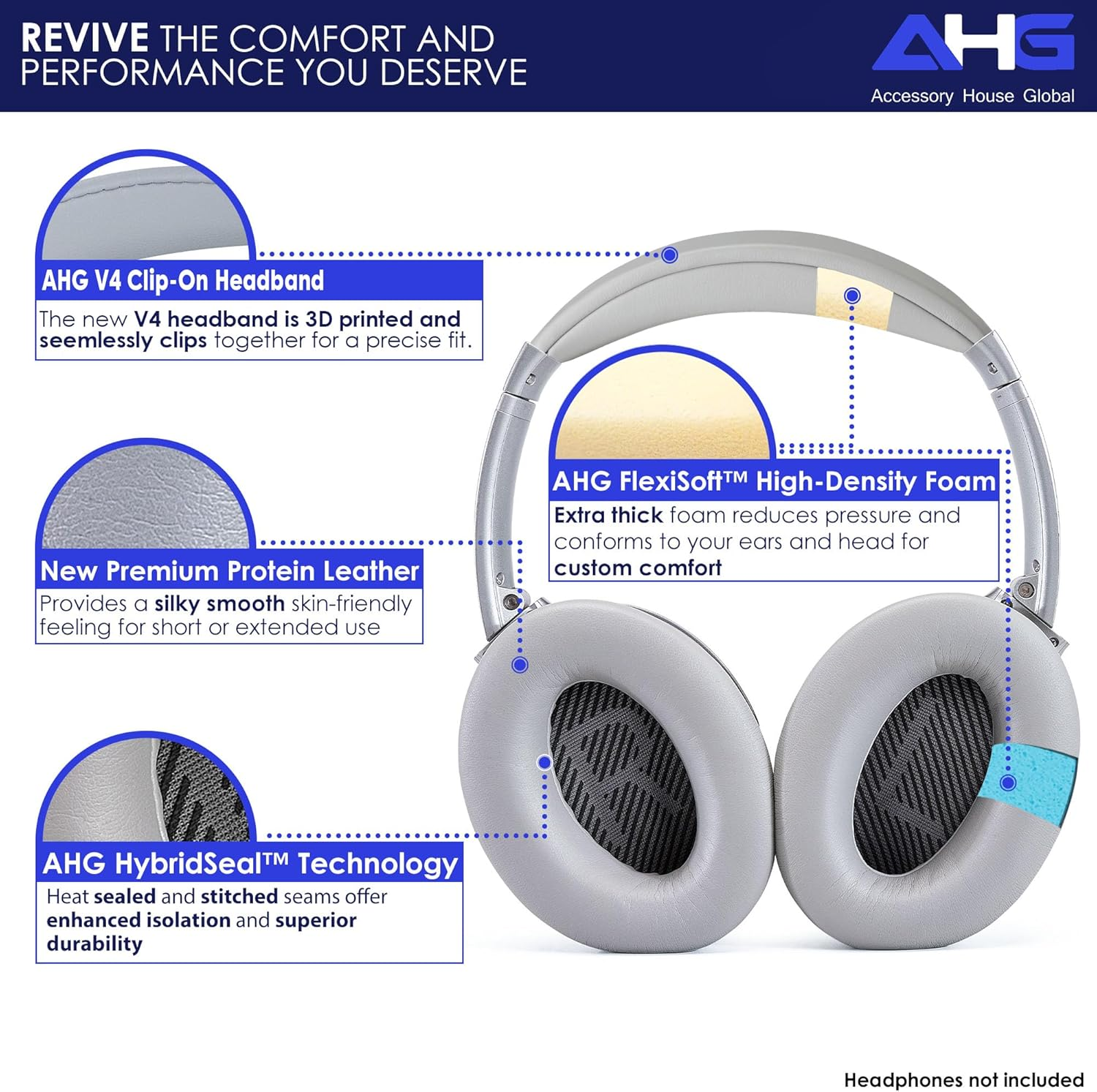 Replacement QC35 / QC35 Ii Earpads and QC35 Headband / QC35 Ii Headband V3 Pad Cushion Compatible with Bose Quietcomfort 35 (QC35) and Bose Quietcomfort 35 Ii (QC35 Ii) Headphones (Grey) image number 3