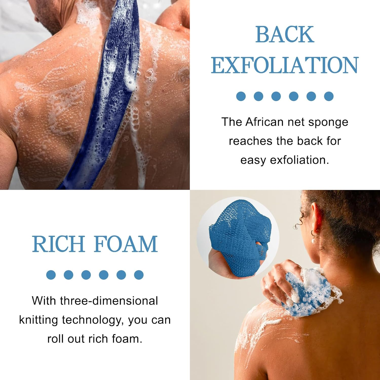 Selalu 2 Pieces Authentic African Net Sponge, Long Nylon Exfoliating Net Sponge Back Body Washcloth for Deep Clean and Smooth Skin, Stretches to 63 Inches (Blue) image number 4
