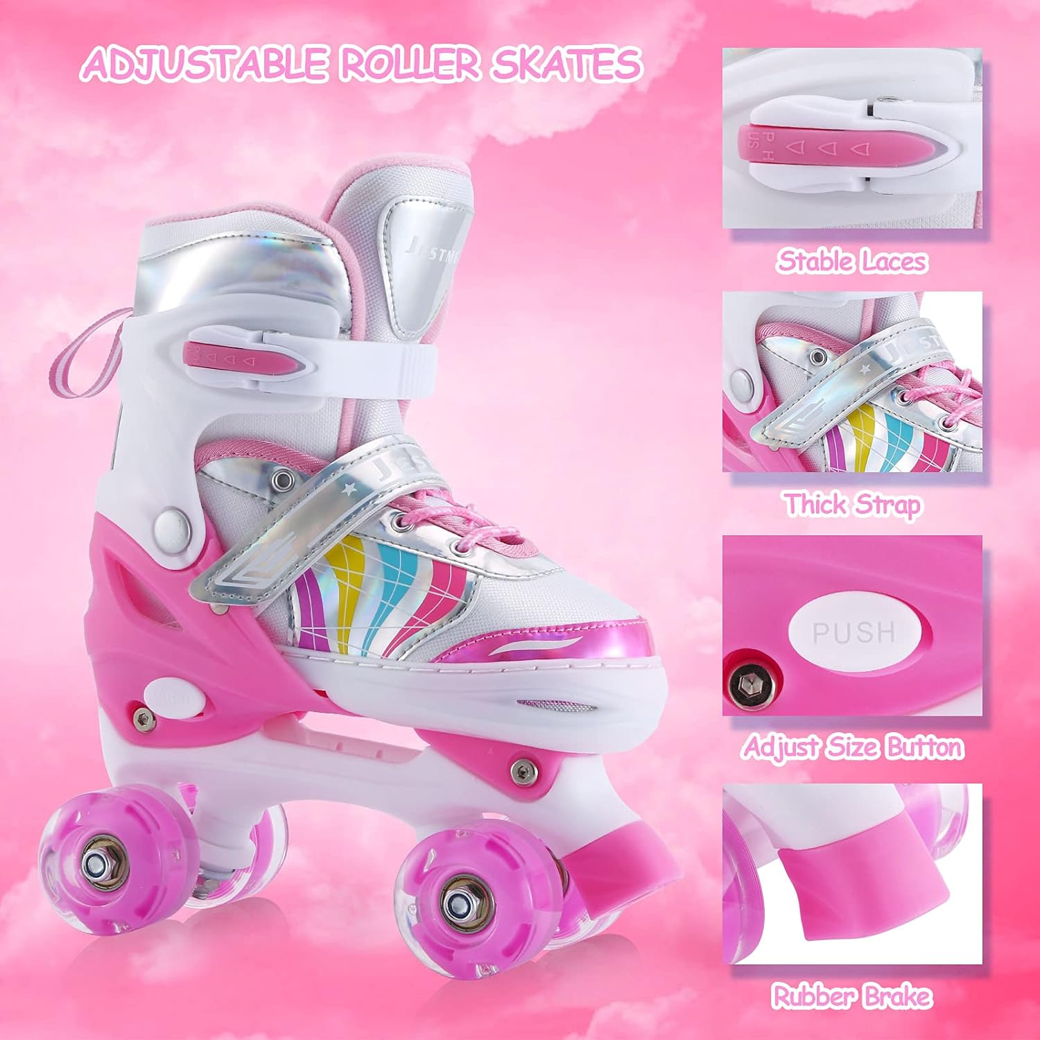 Kids Roller Skates Adjustable for Girls Boys Toddlers Youth , Pink 4 Size Adjustable Light up Roller Skates for Size 11J Todders to Size 7 Youth Women