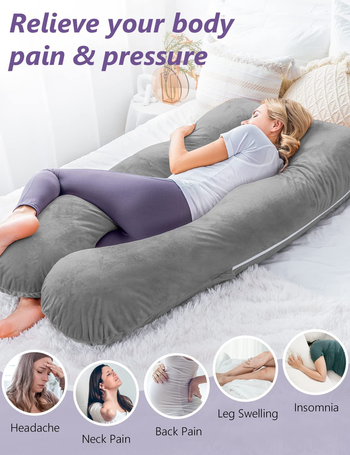 Meiz Pregnancy Pillow, U Shaped Pregnancy Body Pillow with Zipper Removable Cover (Gray- Velvet) image number 3