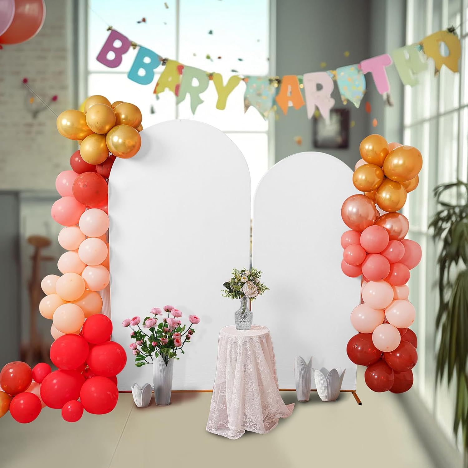 Peomeise 6.6FT Wedding Arch Cover，White Arch Backdrop Cover Stretchy Spandex Backdrop Stand Covers for Birthday Party Ceremony Banquet Decor(79.2" L X 39.6" W) image number 5
